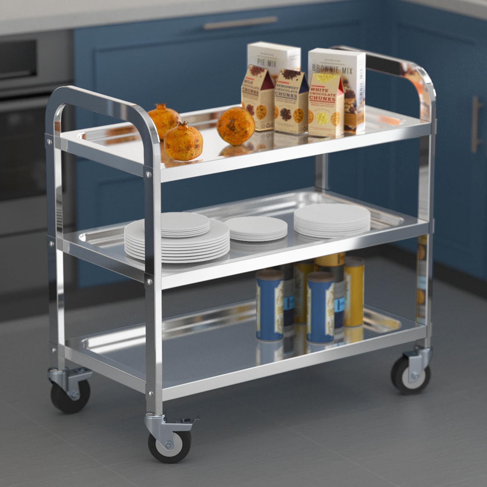 TAIMIKO - Carrello da cucina a 3 ripiani, in acciaio inox, Acciaio inossidabile, 950x500xH950MM