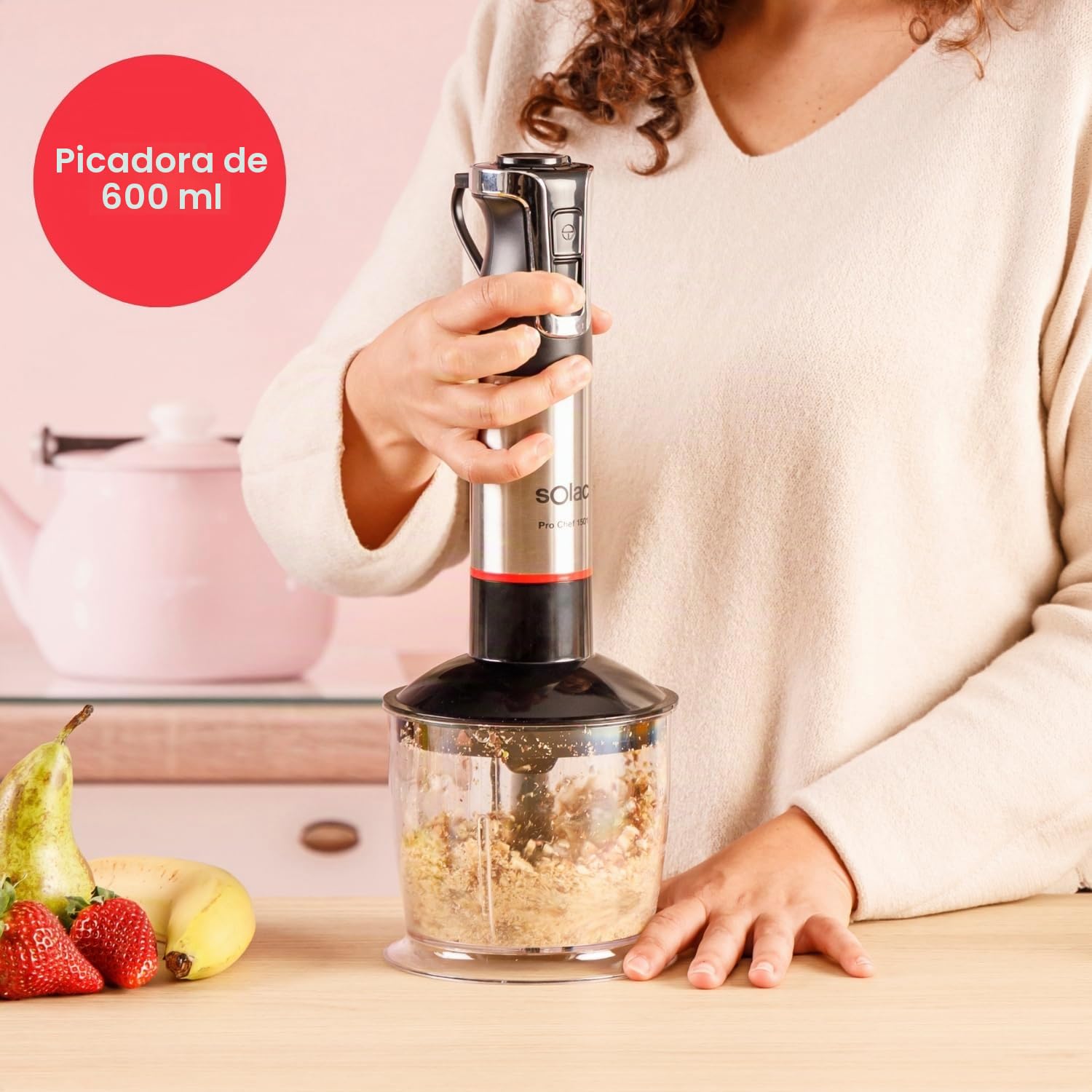 Solac – Batidora Mano Pro Chef 1501 | 1500W| 4 Cuchillas Inox | Varilla Inox | Turbo | Pica Hielo | Ergonómica | Antisalpicaduras | Desmontable | Incluye Accesorios