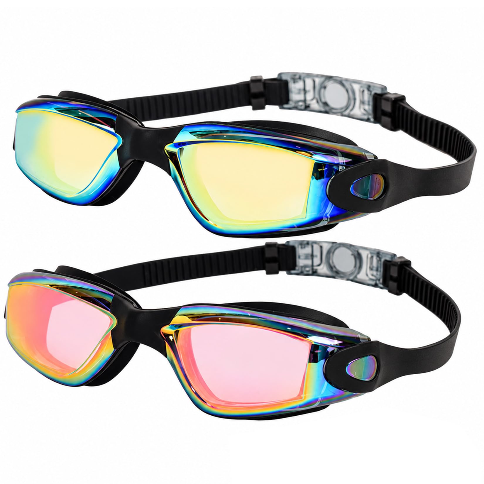 RubyTint 2 Pack Anti-Fog Swim Goggles for Adults, Wide View Swimming Goggles with UV Protection Tinted Lenses, Black Silicone Frame, Adjustable Strap, Leak-Resistant for Pool Outdoor Swimming