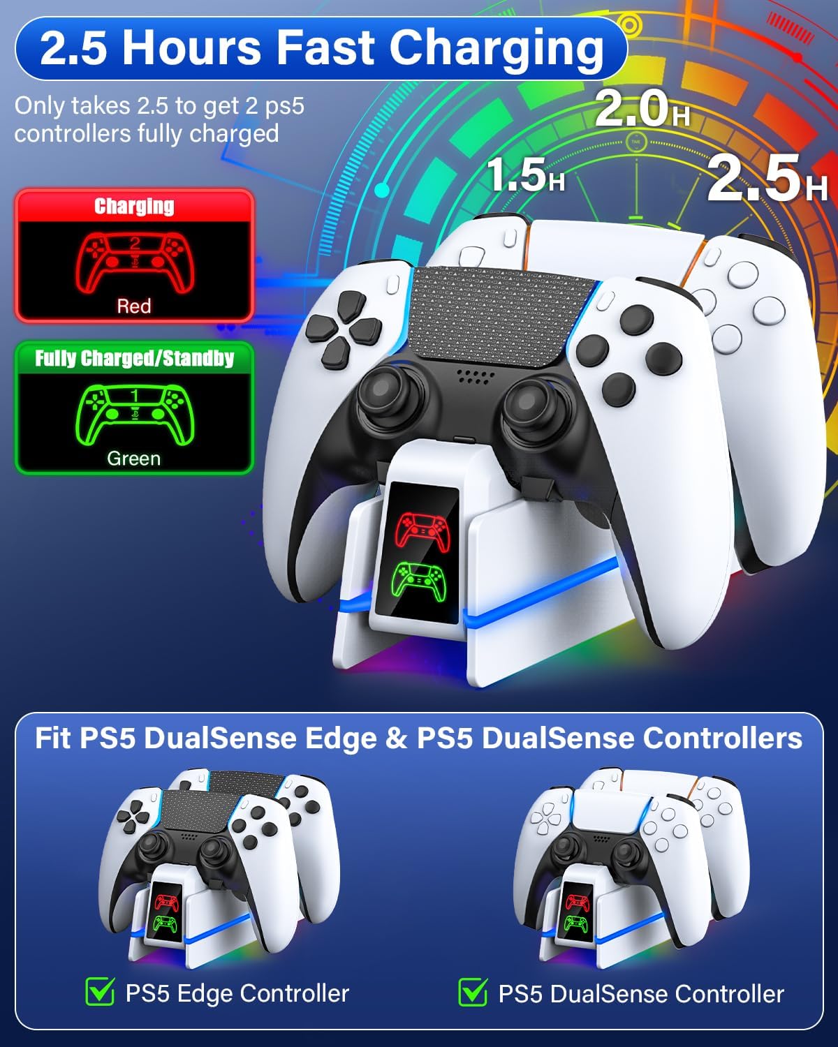 PS5-Controller-Charger for PlayStation-5-Dualsense-Edge, 9 Colors LED PS5 Charging Station for PlayStation 5 Controller Charger, Charging Dock and Holder Stand for PS5/Slim/Pro Remote Accessorise - Image 2