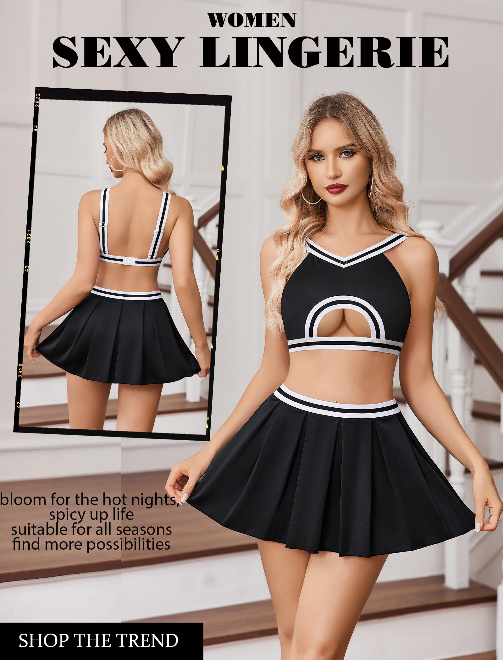Avidlove Lingerie for Women Sexy Mini Skirt Cheerleader Costume Hollow Crop Top Y2K Pleated Skirts Set Cosplay Rave Outfit: Black Large