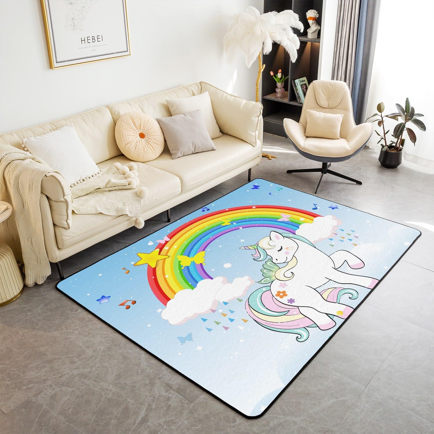 Homewish Alfombra de suelo unicornio para dormitorio de niña, alfombra de salón unicornio, azul claro y blanco, alfombra decorativa impresa unicornio arco iris Kawaii antideslizante, alfombra interior