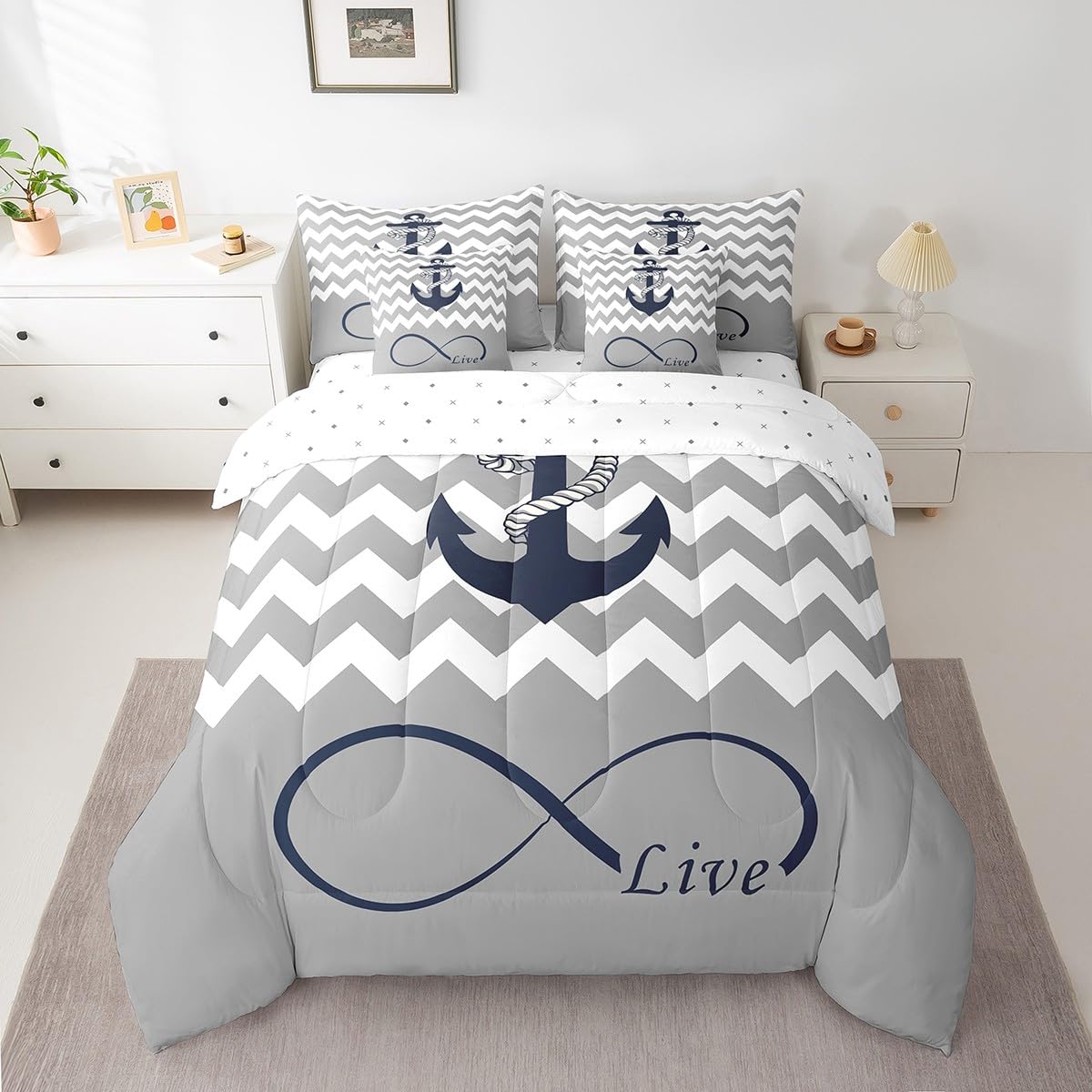 Parure de lit 7 pièces couette draps et taies à motifs géométriques marins pour grand lit