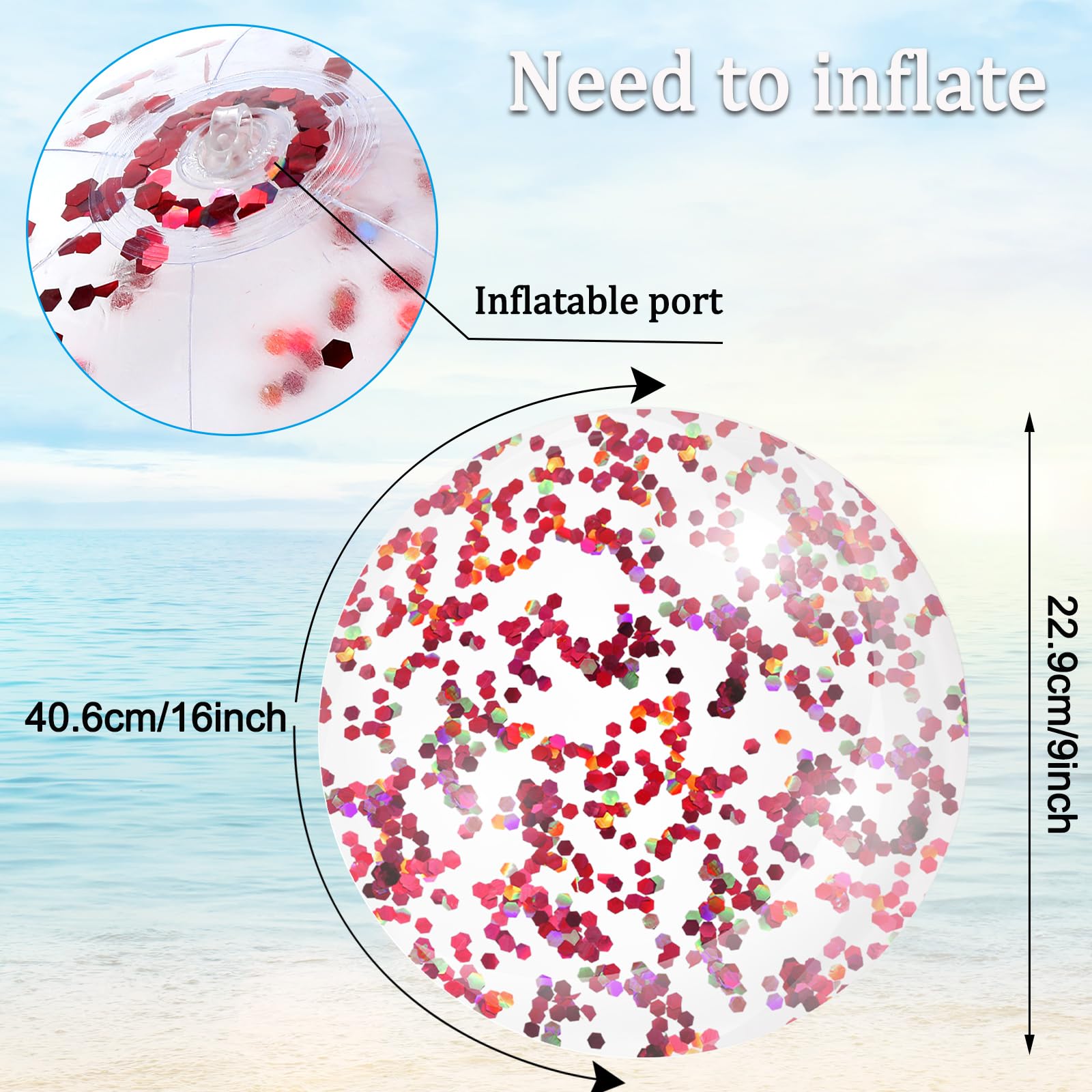 Whaline 16 Pcs 16'' Rose Gold Glitter Inflatable Beach Balls Round Pool PVC Balls Cute Game Toys for Summer Hawaiian Tropical Theme Beach Party Decorations Water Sand Game Accessories