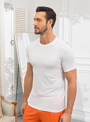 Miniatura 3 de COLORFULLEAF Camisetas de manga corta de rayón de bambú para hombre, cuello redondo, cuello en V, ajustadas, paquete de 3 o 5 unidades