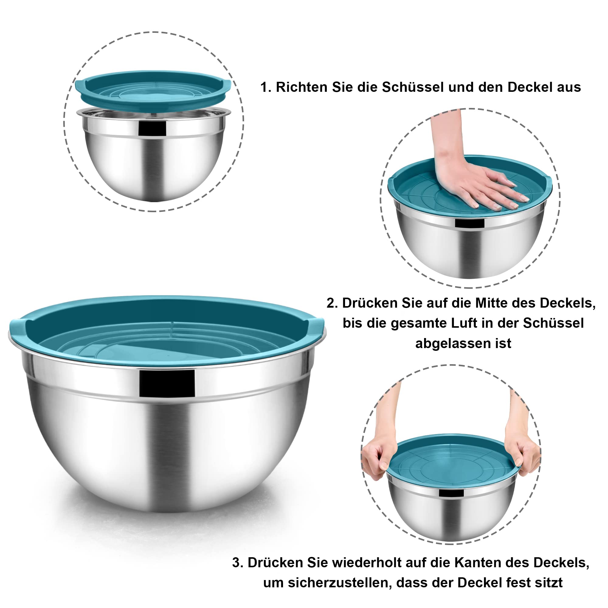 Homikit 5-delige mengkommenset, saladeschaal schaalset van roestvrij staal, met zwart deksel en siliconen bodem, multifunctioneel, stapelbaar, geschikt voor de vaatwasser, 6,6 l / 3,5 l / 2,5 l / 1,5