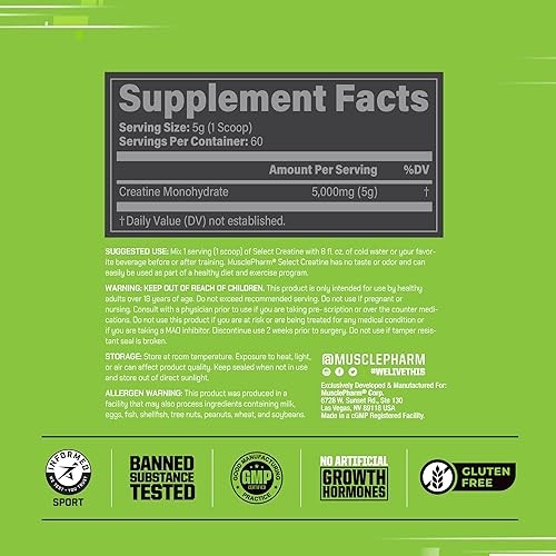 Miniatura 3 de MusclePharm Monohidrato de creatina en polvo, constructor muscular preentrenamiento y suplemento de recuperación muscular después del entrenamiento,