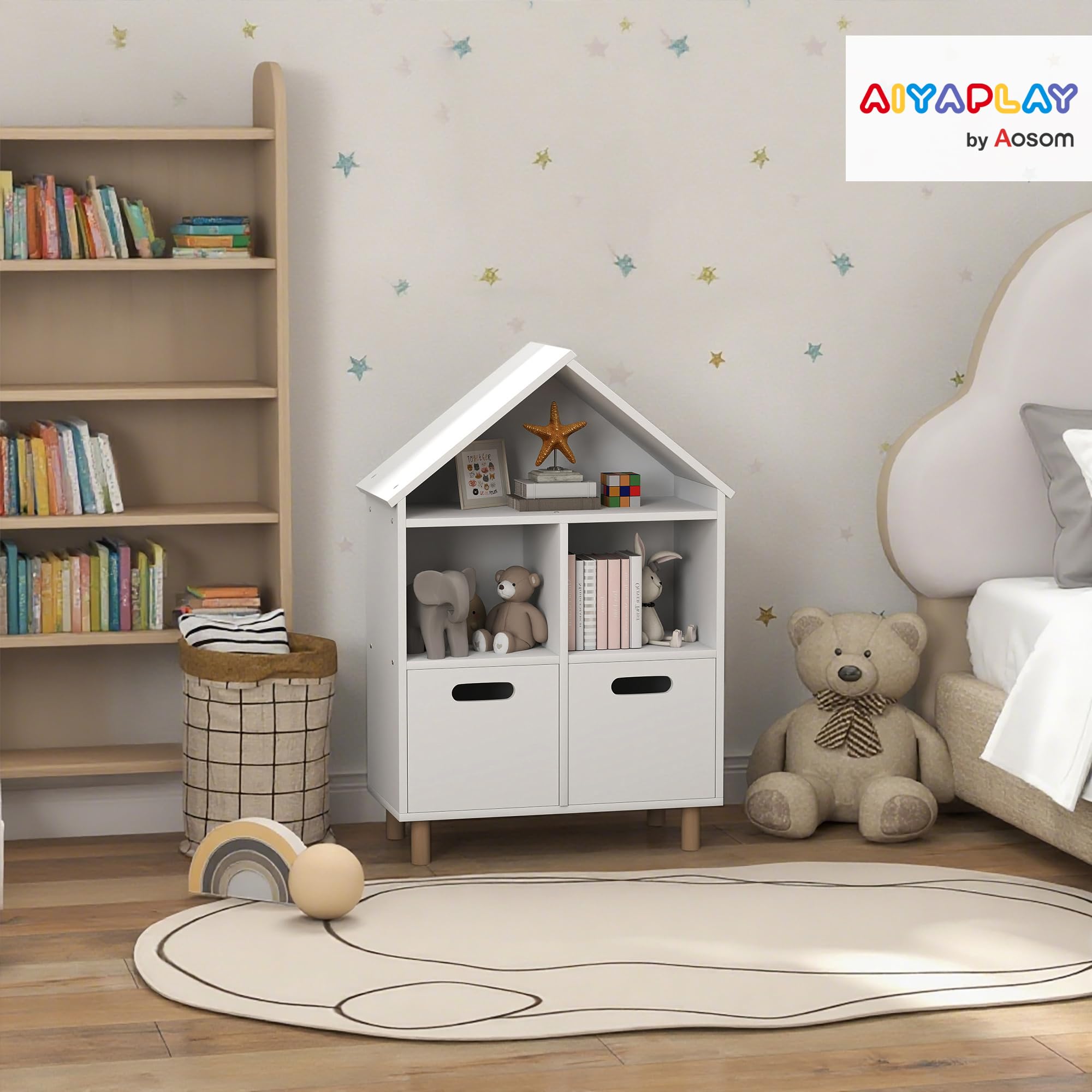AIYAPLAY Bibliothèque Enfants 3 Niveaux 2 Tiroirs 63,7x29,7x89,5 cm Blanc | Meuble de Rangement, Forme Maison, pour Chambre à Coucher Et Chambres d'Enfants