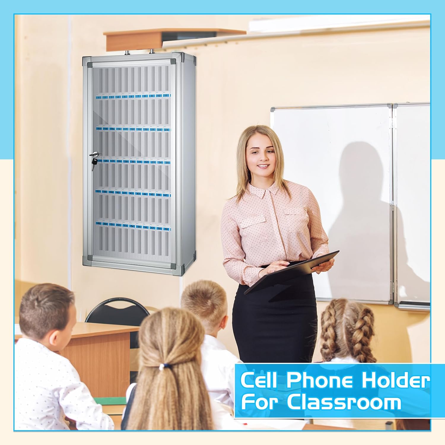 Amylove Cell Phone Locker Cabinet Aluminum Alloy Pocket Chart Storage Locker Box Cabinet Wall-Mounted Cell Phones Storage Box with Handle for Office Classroom Gym(White,72 Slots)