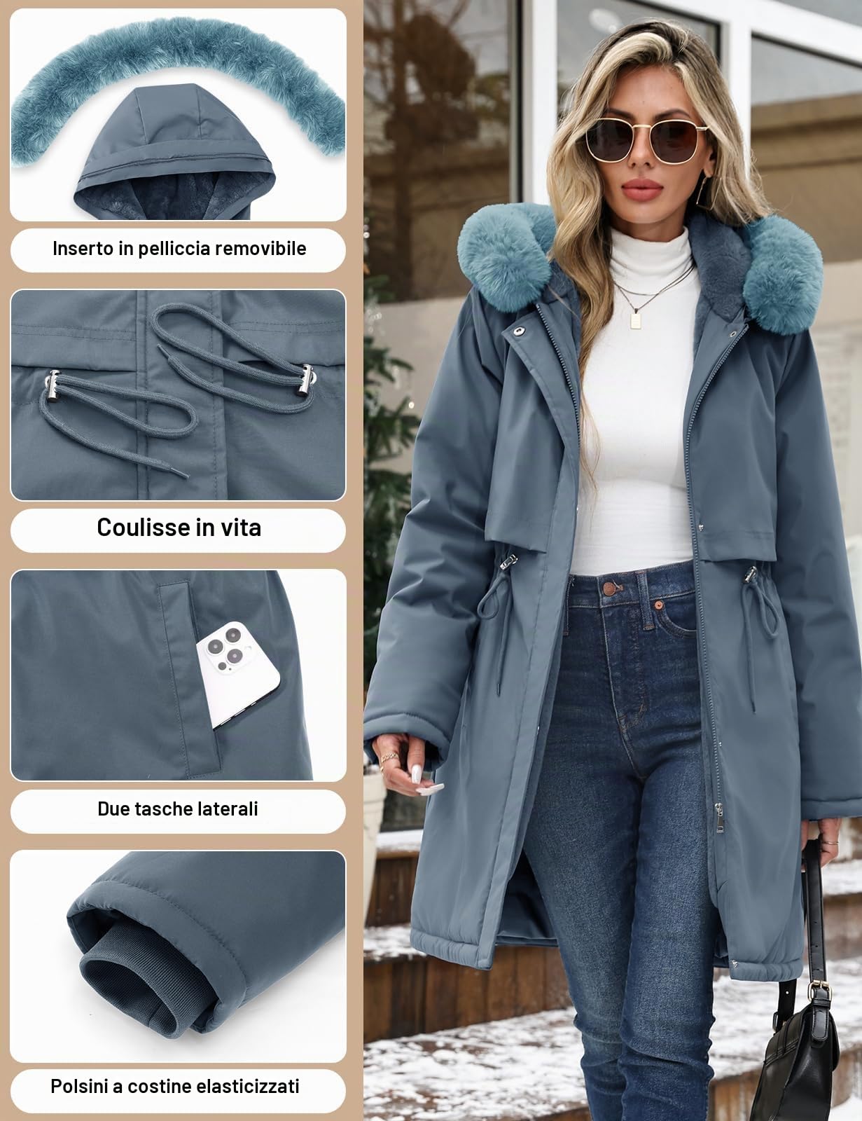 Cappotto Donna Lungo Invernale Caldo Parka Elegante Giacca con Cappuccio Giubbino Imbottito Autunno Invernali Giubbotto Casual Giacca Pile Outwear con Tasche Cappuccio Rimovibile in Pelliccia