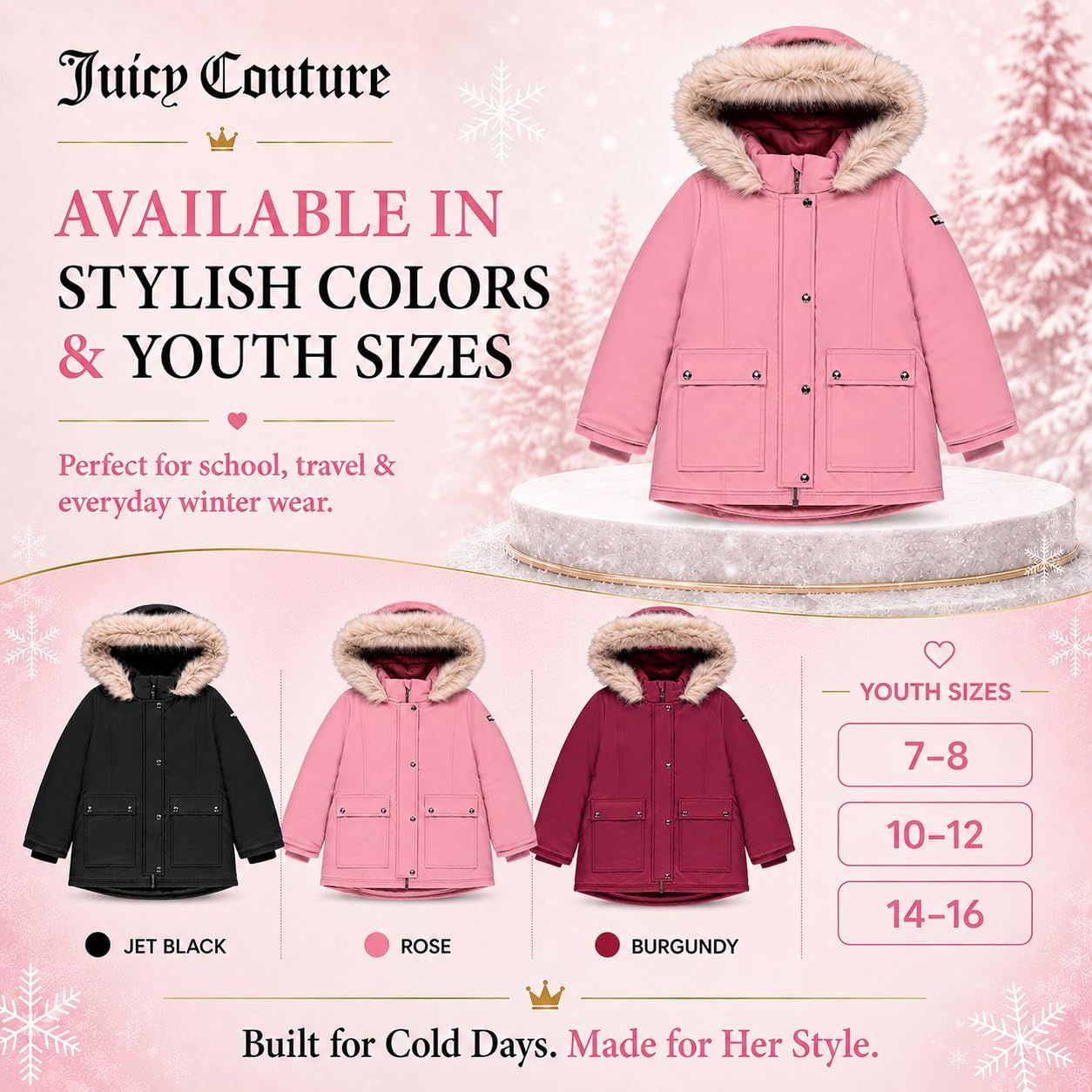 Juicy Couture Girls Heavyweight Winter Jacket with Faux Fur Hood and Cargo Pockets