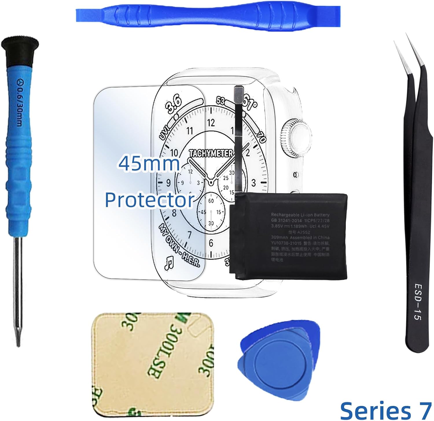 Replacement Battery for A2552 Compatible for Apple Watch Series 7 45mm Battery A2474 A2477 A2478 A2552 Battery with Series 7 45mm Watch Protector and Tool Kits (Not for Series 7 41mm)