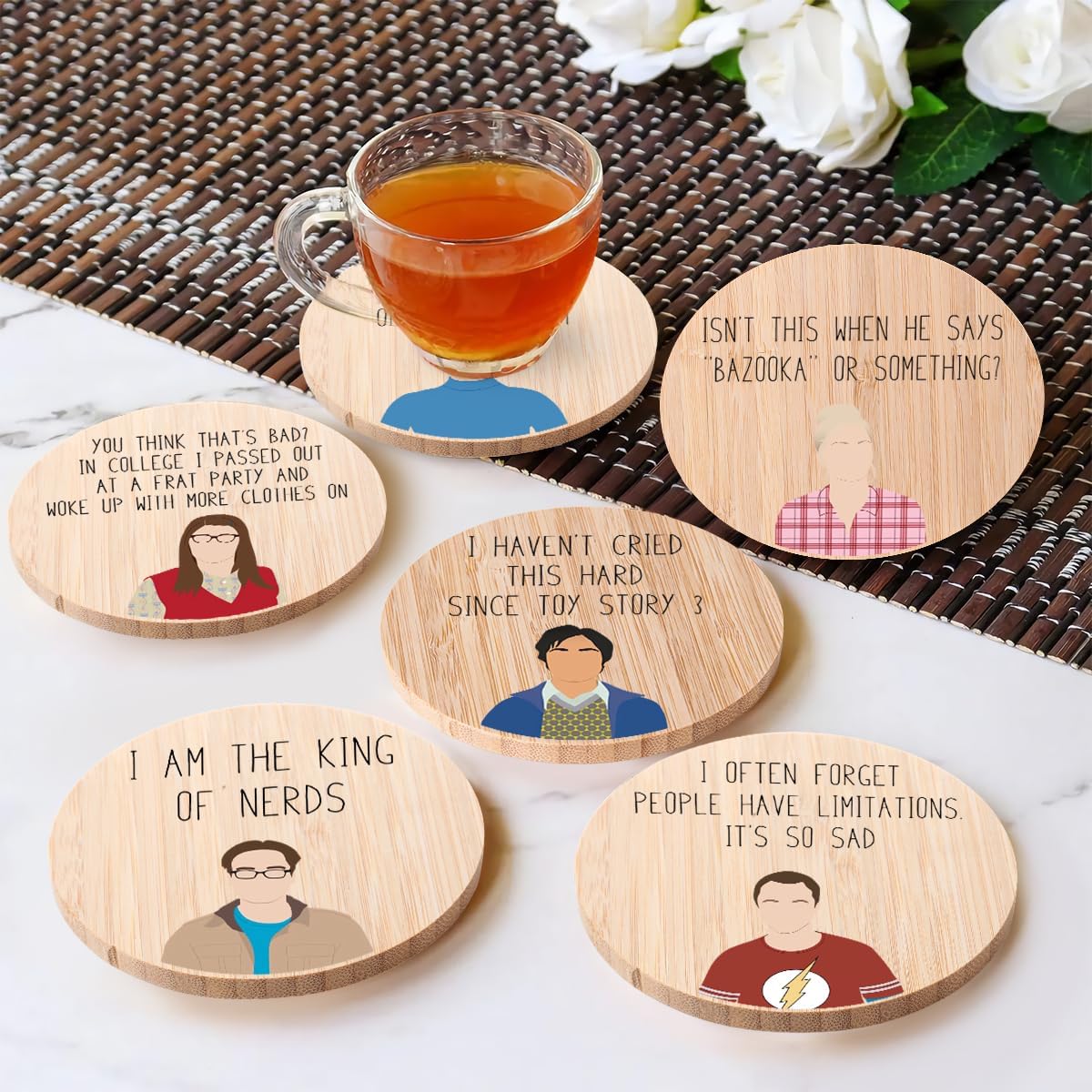 Funny Big Bang Theory Bamboo Wood Coasters Set of 6, Novelty Coasters with Holder Housewarming Gift Kitchen Decor - Image 3