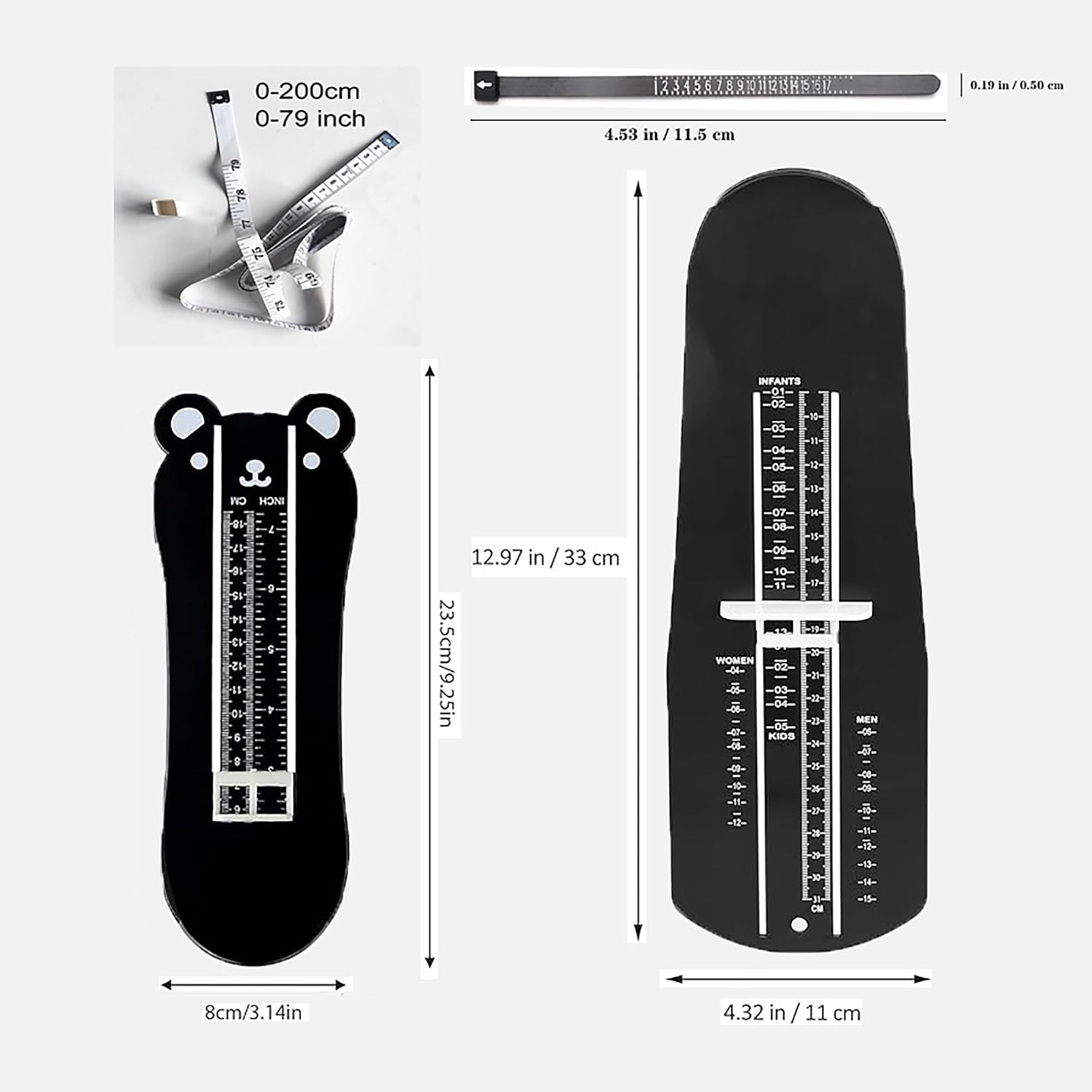 2 Pack Shoe Size Measuring Devices For Adults and Kids Easy To Use Foot Measuring Device Set with Tape and Ring Sizer, US Size (Black, Classic)