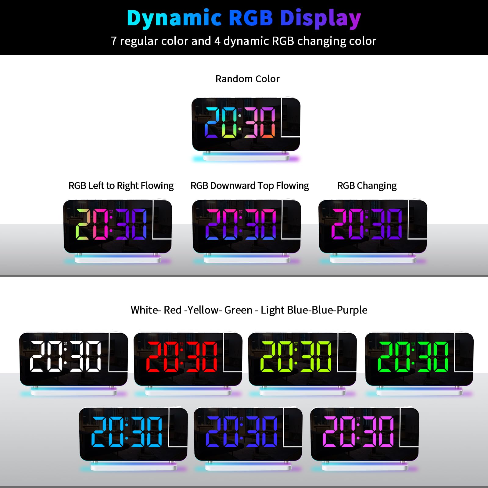 ThreeH Réveil Projecteur LED RGB Coloré avec Surface Miroir Affichage Auto Dimming Volume Réglable Double Port de Charge USB Veilleuse Blanc