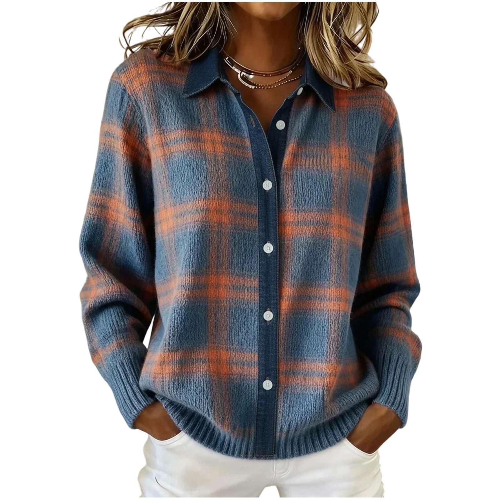 2026 Womens Plaid Print Casual Cotton Buttoned Cardigan Sweater Vintage-Inspired Button Front Fall Winter Top