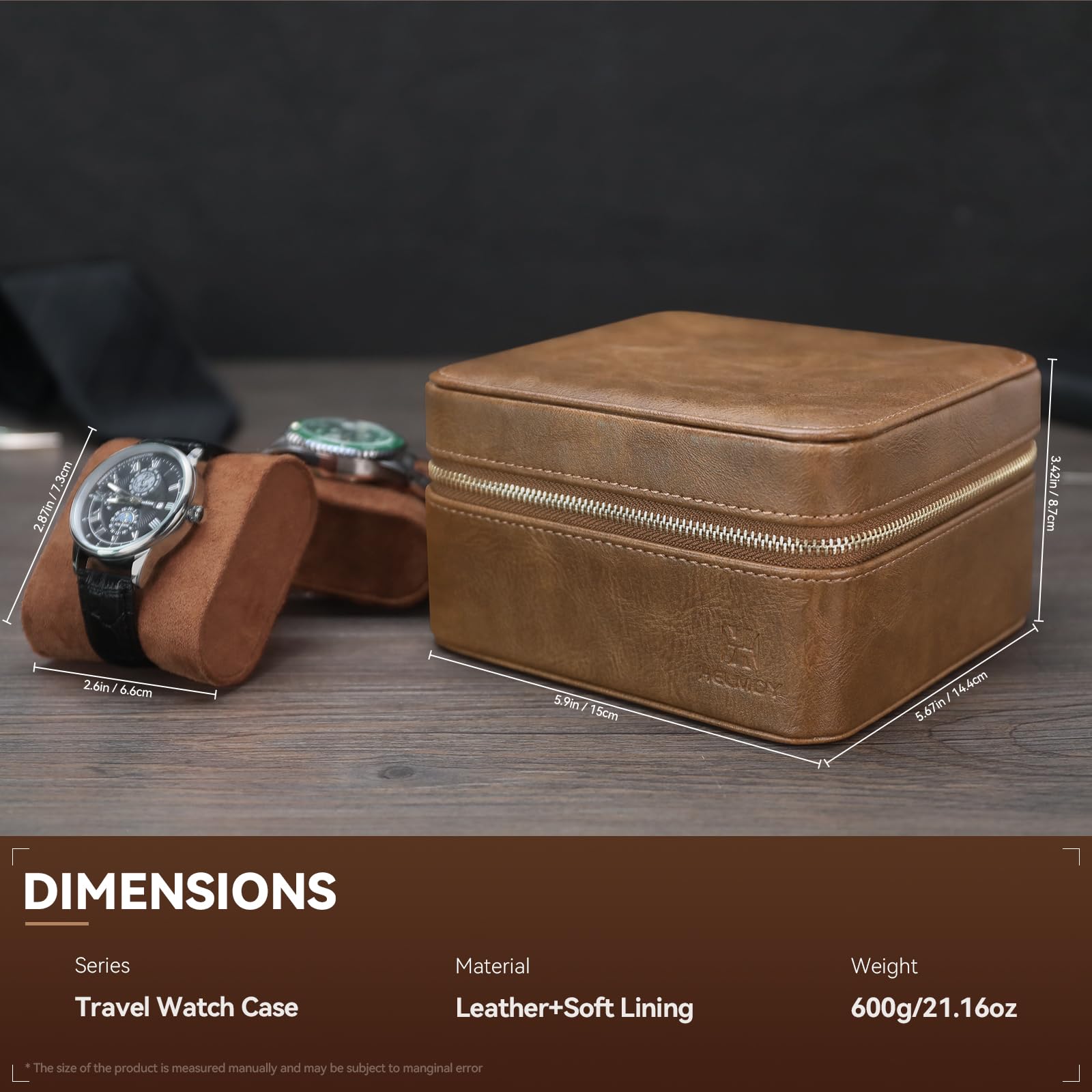 Custodia da viaggio con 2 scomparti per orologi, con scomparto per accessori, collane, anelli, gemelli, custodia portatile da viaggio in pelle PU con cerniera, ideale come regalo (marrone)