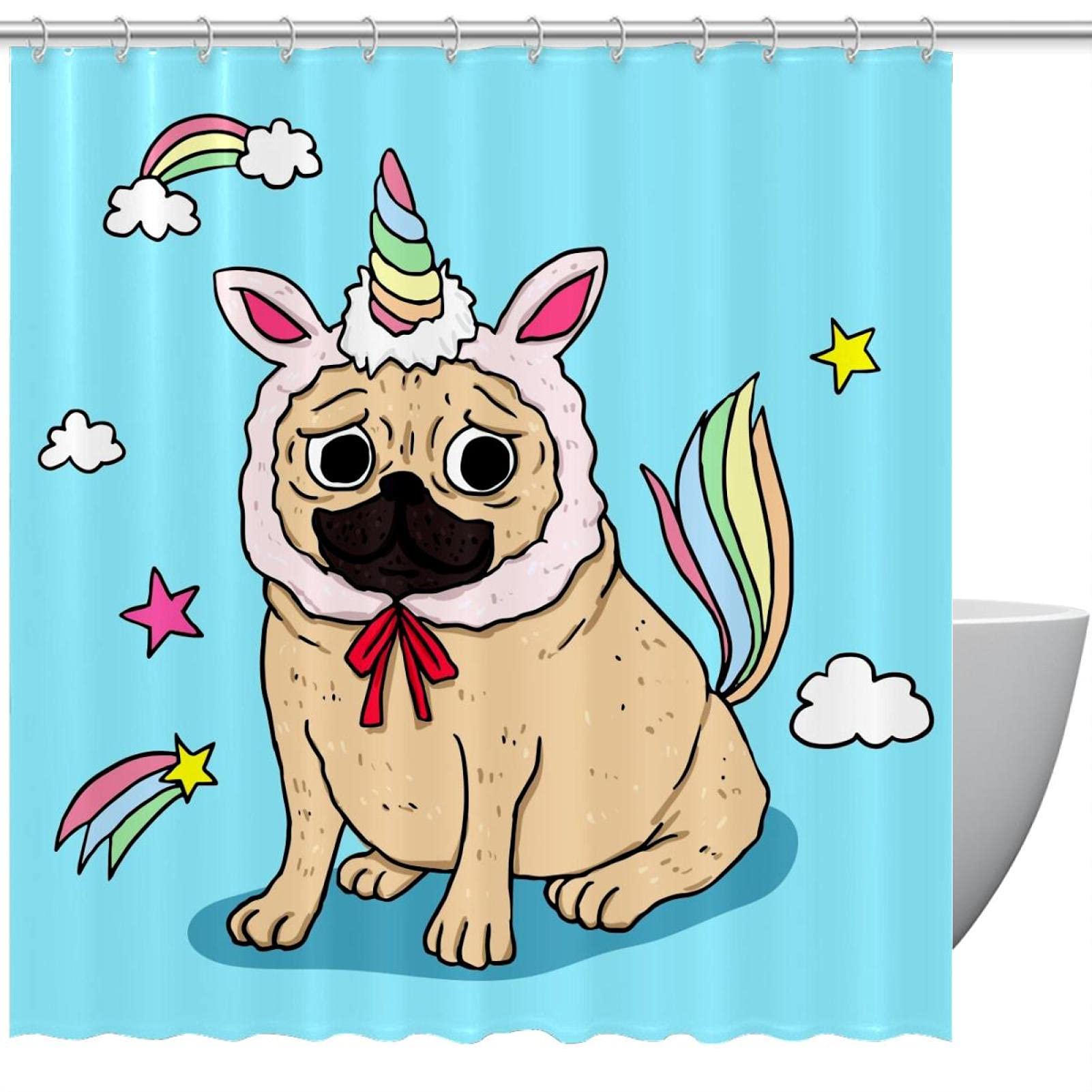 Rideau de douche chien bleu 183x183 cm imperméable avec ses 12 crochets inclus