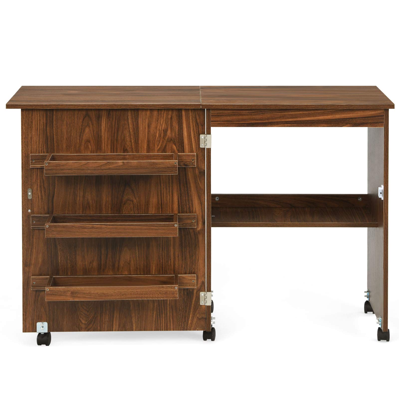 COSTWAY Mesa Maquina de Coser Plegable, 2 en 1 Mueble Maquina Coser con 3 Compartimientos, 1 Estante de Almacenamiento y 5 Ruedas Bloqueables, Mesa de Costura Que Ahorro de Espacio (Marrón Oscuro)