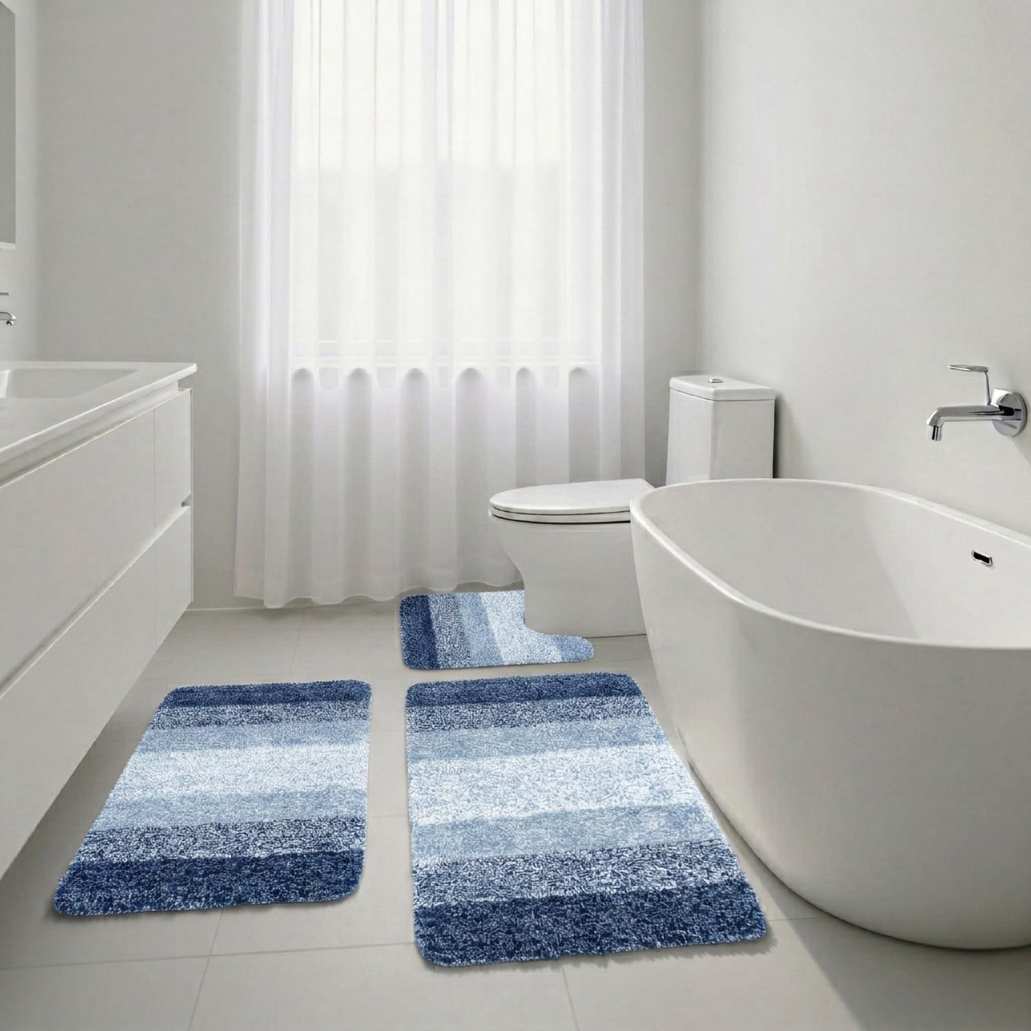 Generisch 3-teiliges Badezimmermatten Set, rutschfest, Waschbar, Weicher Polyester Badteppich, Saugfähig, WC Vorleger U-Form, Duschmatte, Badematte 91 × 61 cm (Blau)