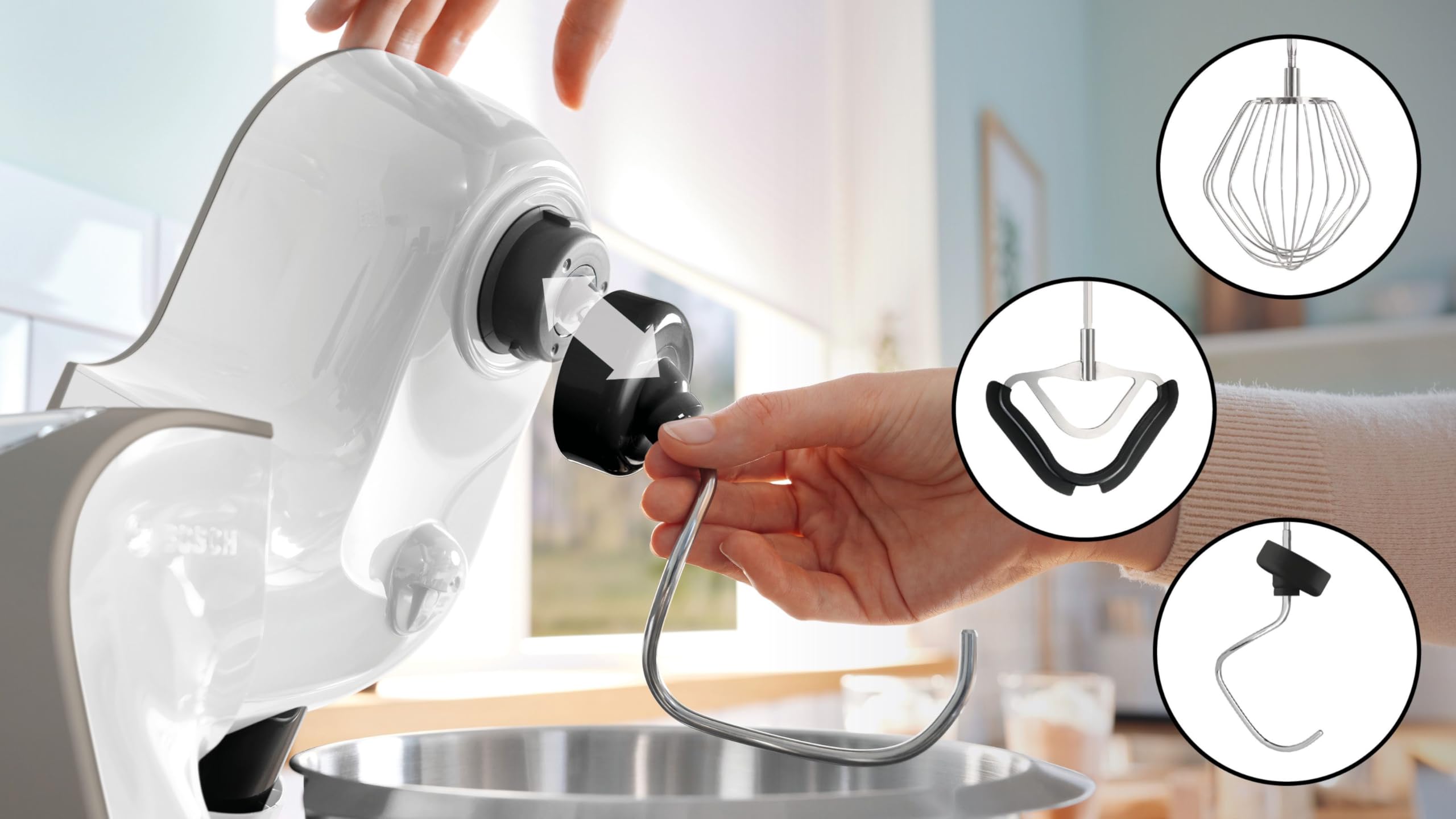 Bosch Küchenmaschine Serie 4 mit Waage, Edelstahl-Schüssel spülmaschinenfest, Mixer, Fleischwolf, Planetenrührwerk, Durchlaufschnitzler, 3 Scheiben, Würfelschneider, 1000 W, MUM5XL74