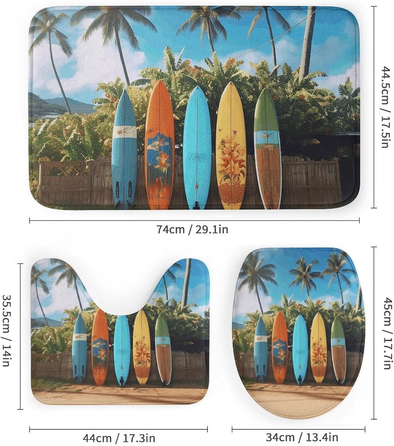 Surf's Up Surfboard Shower Curtain Set 4 Piece, Non-Slip Bath Mat with Toilet Lid Cover and Waterproof Shower Curtain with 12 Hooks, Complete Bathroom Set for Home Decor