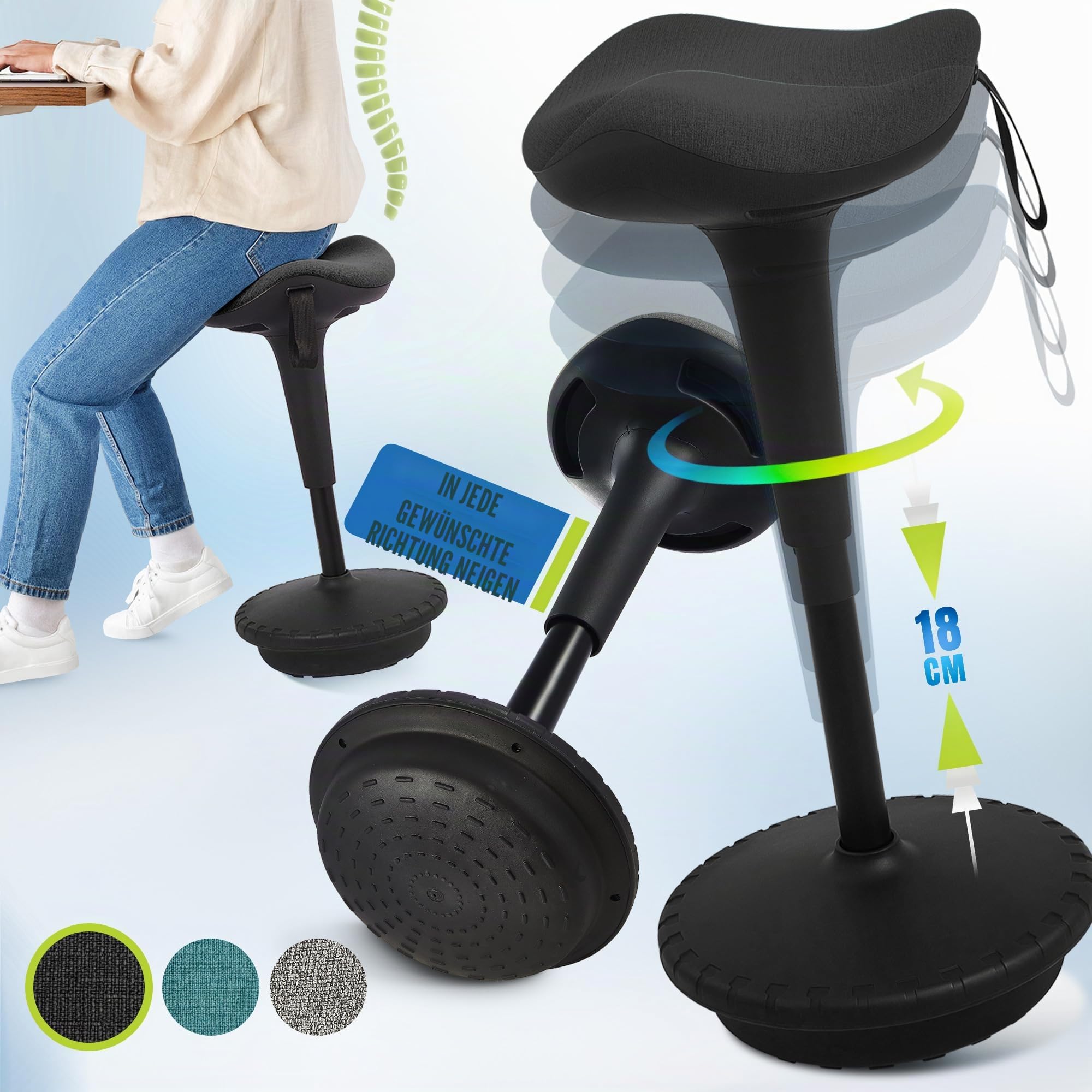 IWMH Ergonomischer Arbeitshocker, Hochverstellbare Stehhilfe, Atmungsaktiver Sitz-Steh-Hocker 360° Drehbar, Ergonomische Stehhocker Büro(Schwarz)