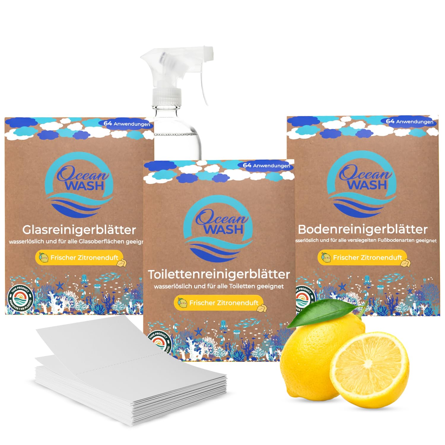 Haushaltsreiniger Bundle - 3x64 Anwendung inkl. Glasreiniger, Bodenreiniger und WC Reiniger - frischer Zitronenduft, ohne Mikroplastik
