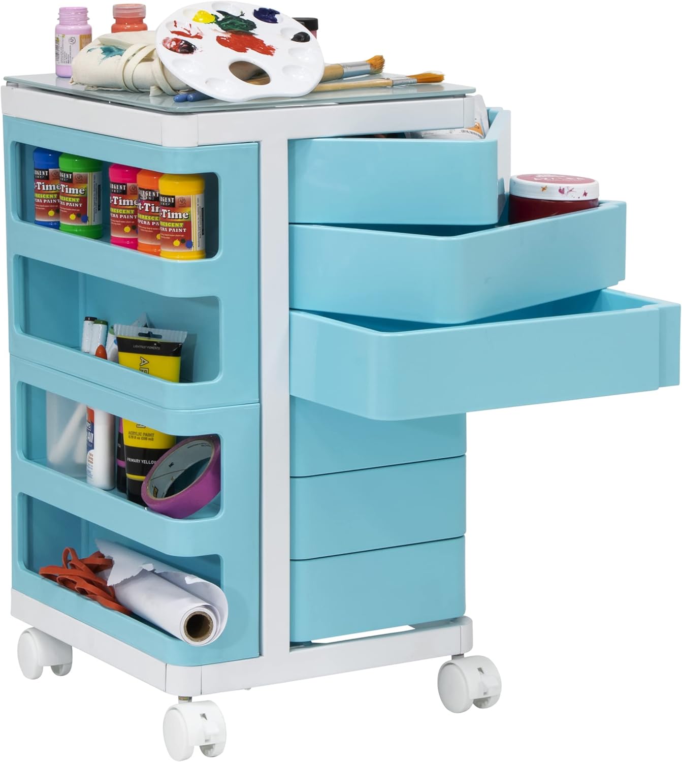 SD STUDIO DESIGNS Kubx - Organizer Girevole Su 4 Lati Con Ripiano In Vetro E Cassetti, Carrello Portaoggetti
