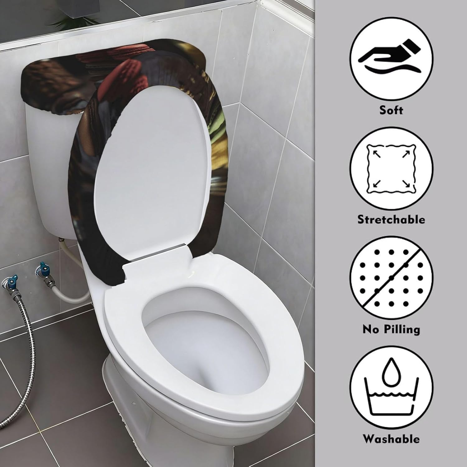 2 Pcs Toilet Lid Cover and Toilet Tank Lid Cover, Washable Toilet Cover with Elastic Bottom Replacement Soft Stretch Toilet Seat Cover Set Cute Colorful Macarons Bathroom Decor image 3