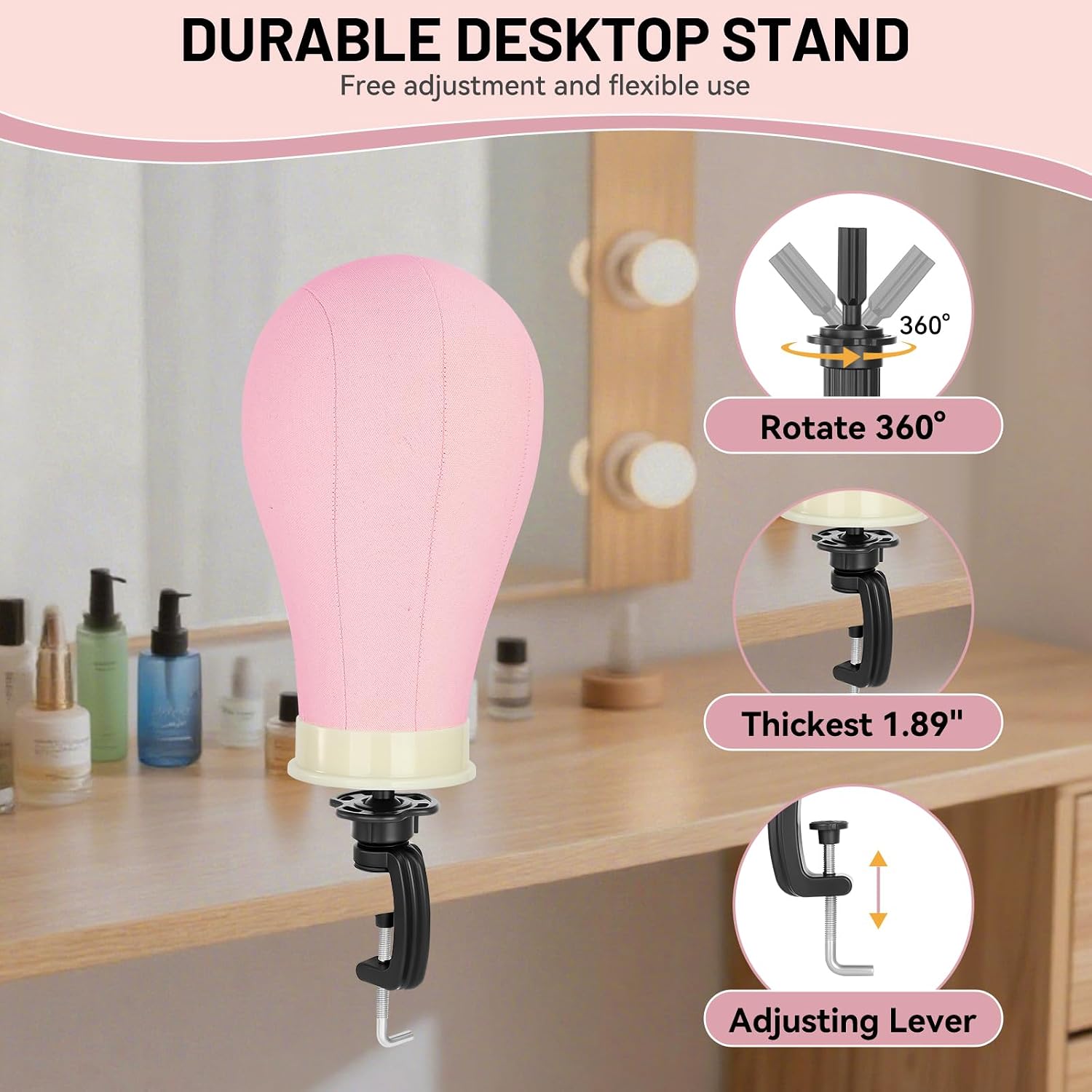 22 Inch Wig Head Mannequin Head for Wigs, 30" Wig Stand Tripod with Head, Pink Canvas Block Mannequin Head for Hair Styling Practice Display with Wig Caps, T C Pins