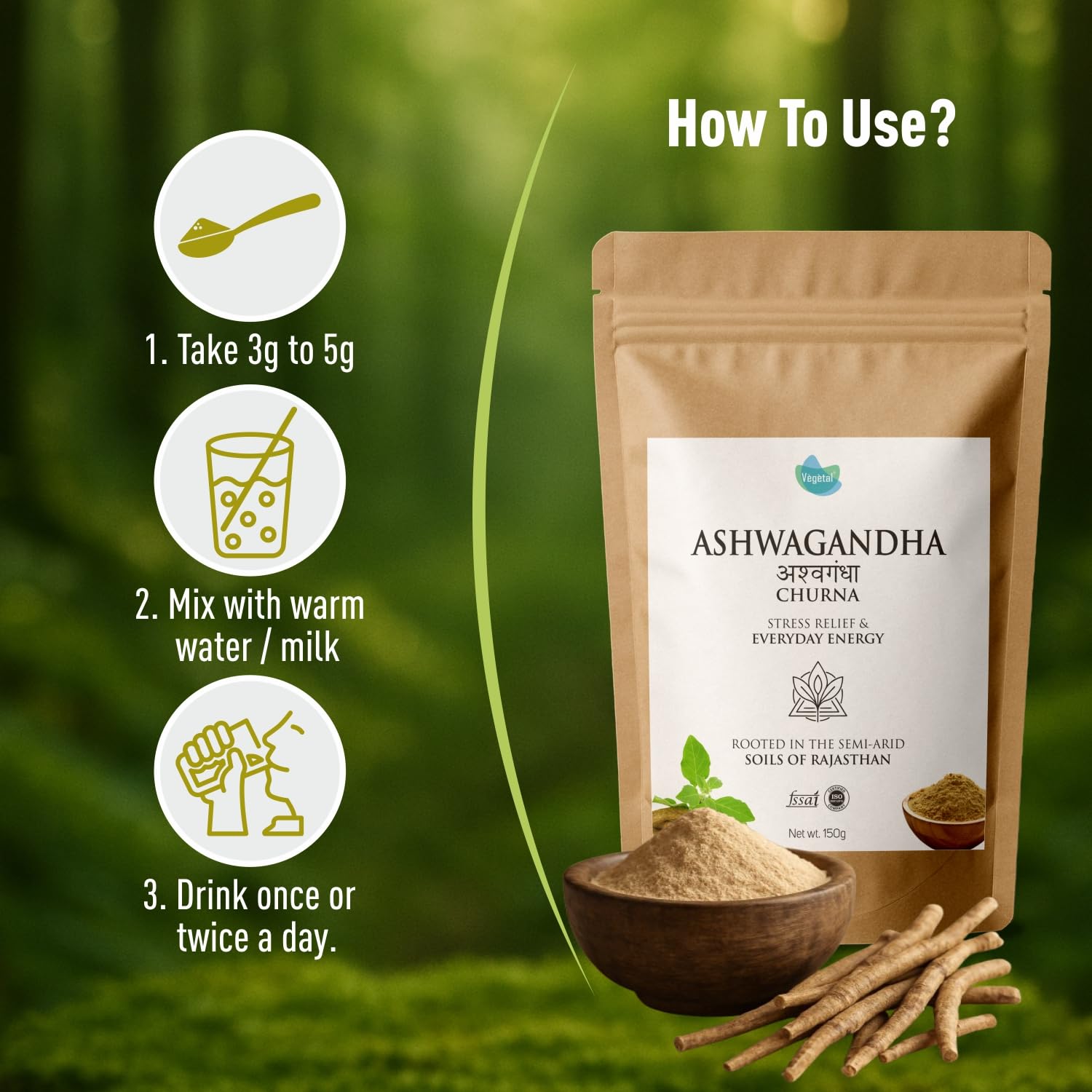 Vegetal Ashwagandha Churna | 150g | 100% Organic | Stress Relief, Strength & Stamina, Better Sleep & Hormonal Balance | No Preservatives or Artificial Colors | From Rajasthan’s Semi-Arid Soils — Amazon image 7