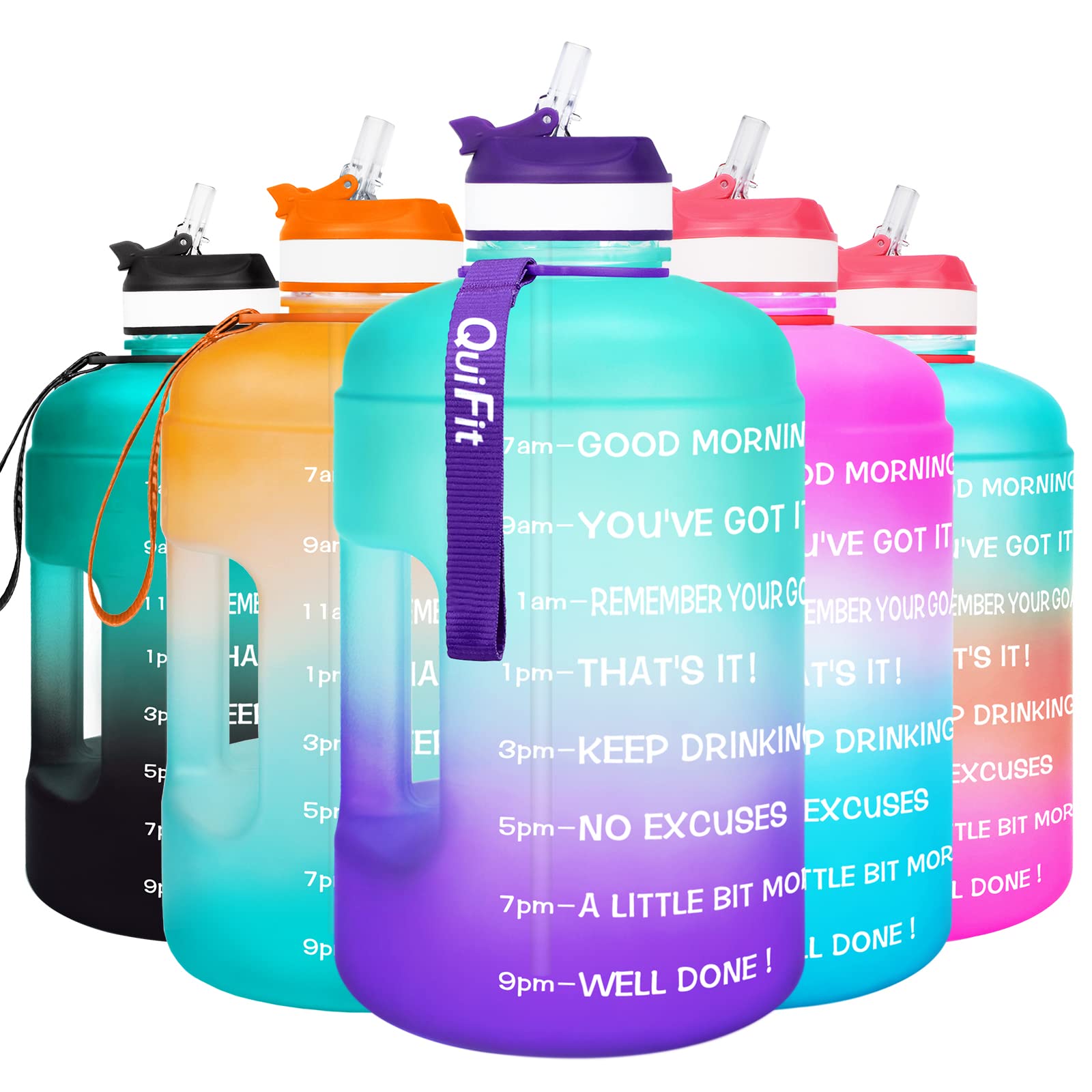 QuiFit Motivational Gallon Water Bottle - with Straw & Time Marker BPA Free Large Reusable Sport Water Jug with Handle for Fitness Outdoor Enthusiasts Leak-Proof (Green/Purple,1 Gallon)