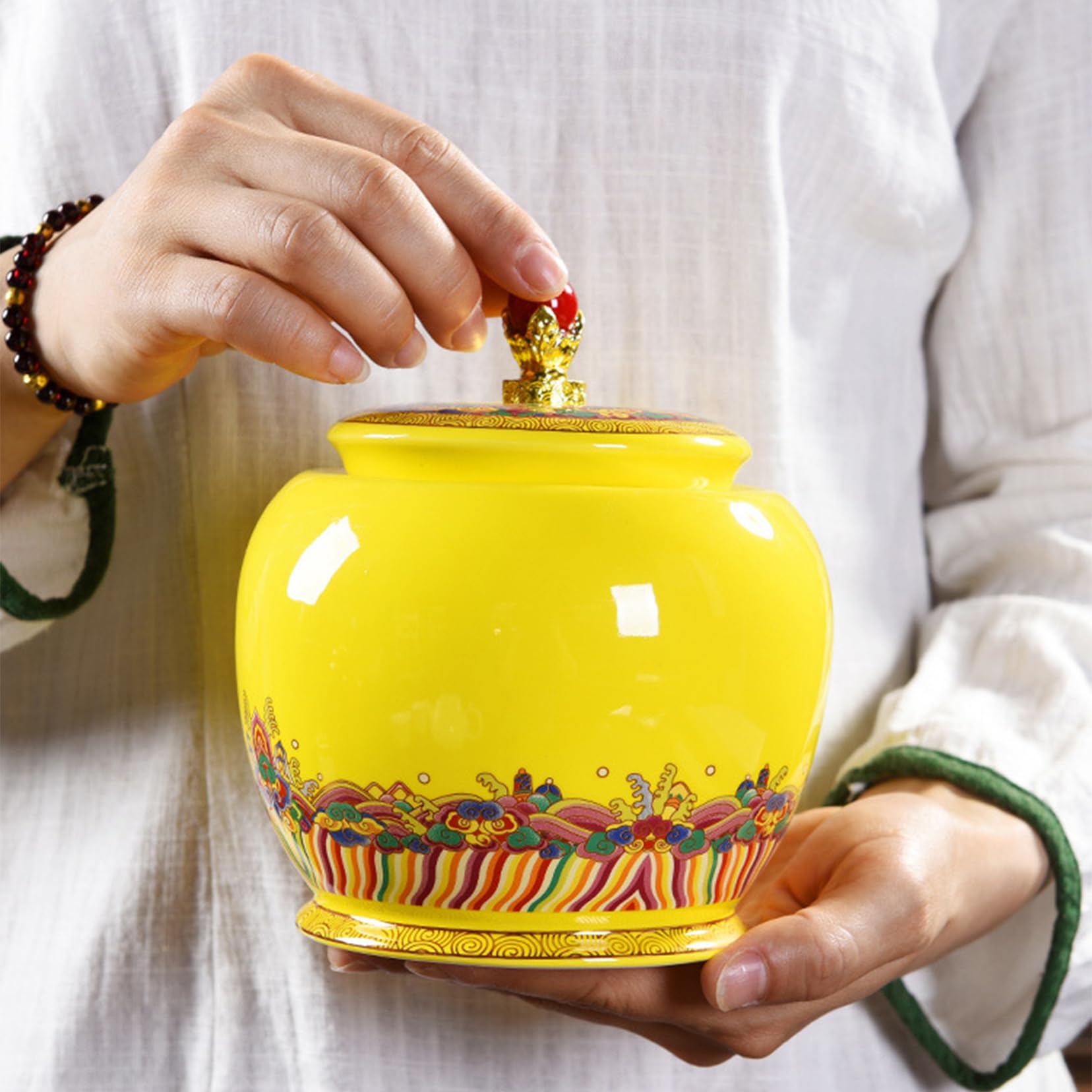 ZALTAS Żółty ceramiczny słoik do prezentacji żywności, kanister z hermetyczną pokrywką, styl pałacowy, herbata, pudełko na prezent na luźne przyprawy, ziarna kawy, do przechowywania herbaty Caddy, 2