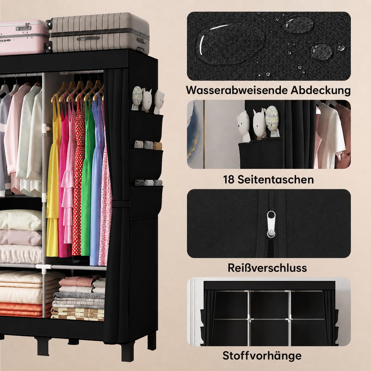 Kleiderschrank Stoffschrank mit Kleiderstange, Stabiler Tragbarer Kleiderschrank mit Überzug für Schlafzimmer und Ankleidezimmer