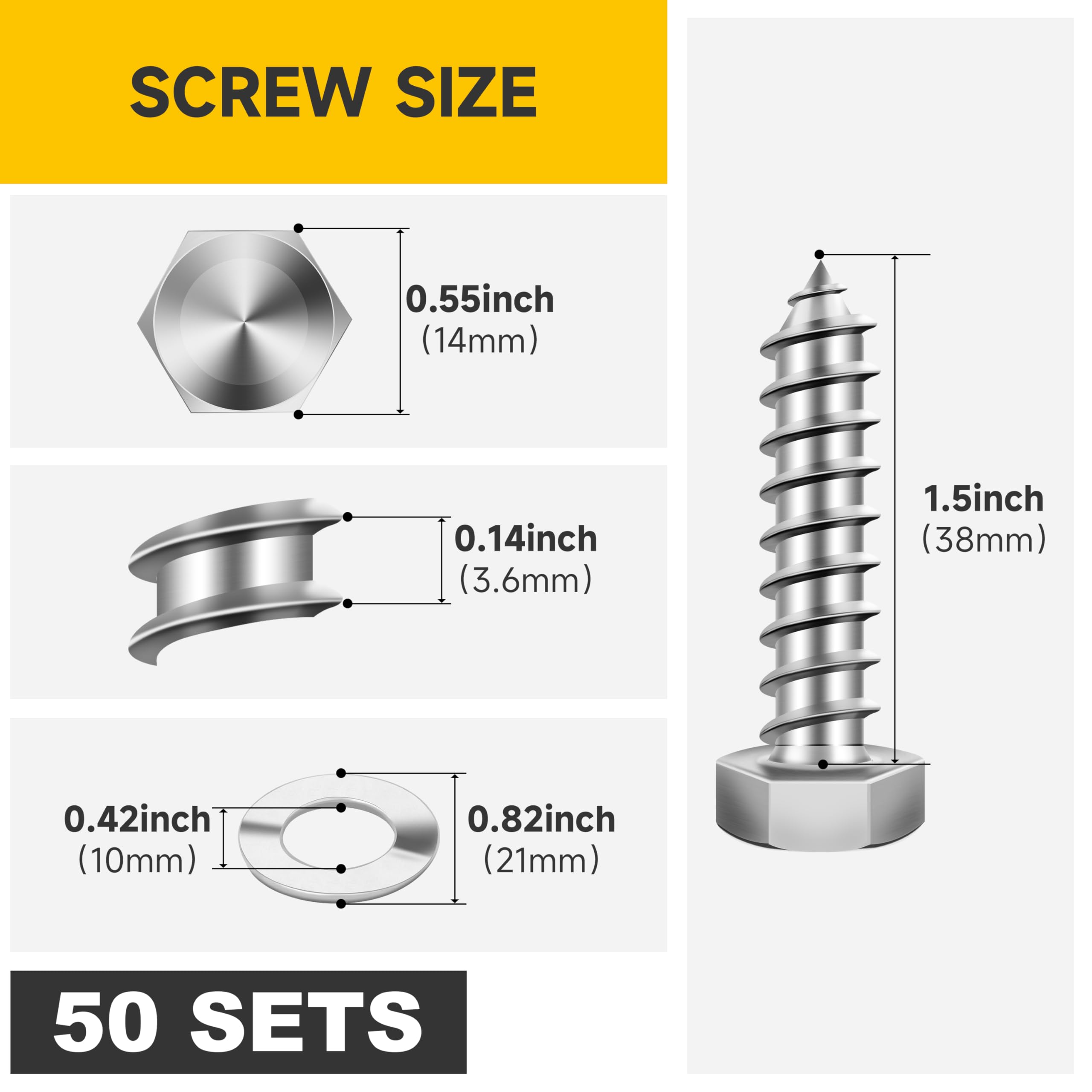 3/8" Stainless Steel Lag Bolts - 50 Sets -2