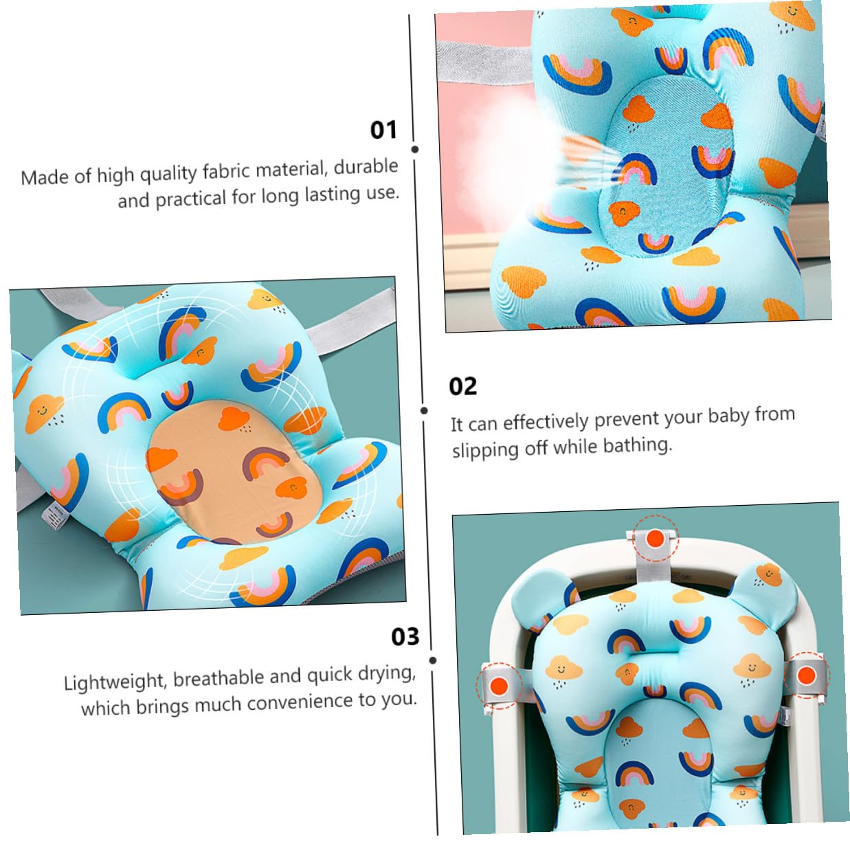 Bath Cradle Support Cushion Pad with High Headrest Anti-Slip Floating Bath Seat for Newborns Soft Fabric Blue Rainbow