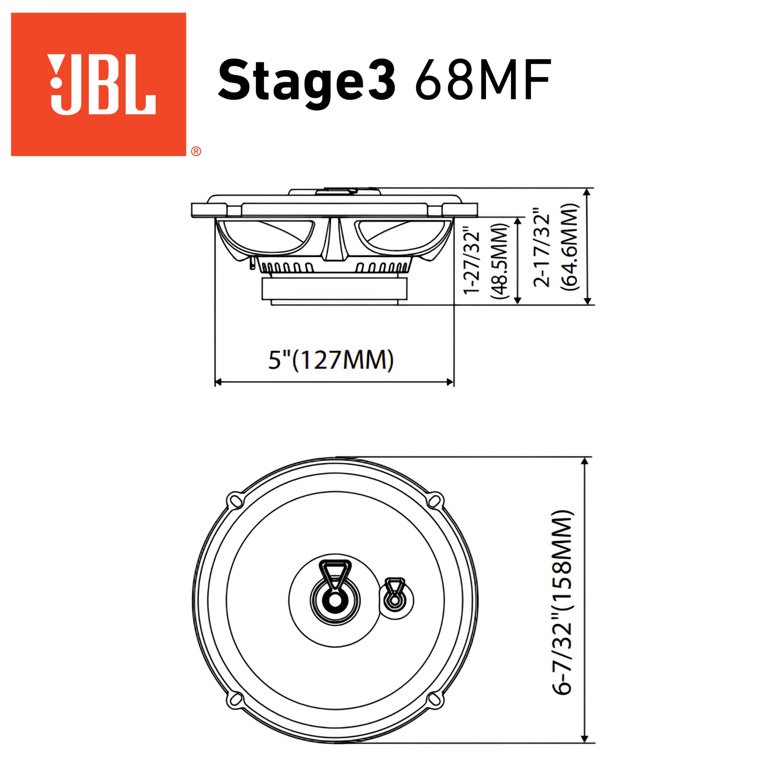JBL Stage3 Gen2 68MF 165mm 6,5 Zoll 3-Wege Koaxial Lautsprecher Auto Boxen | 70W RMS / 560W Peak, 91dB, 4 Ohm Impedanz, 55Hz-20kHz Frequenzgang, PEI Hochtöner, ohne Gitter, laser-geätztes Cone-Design