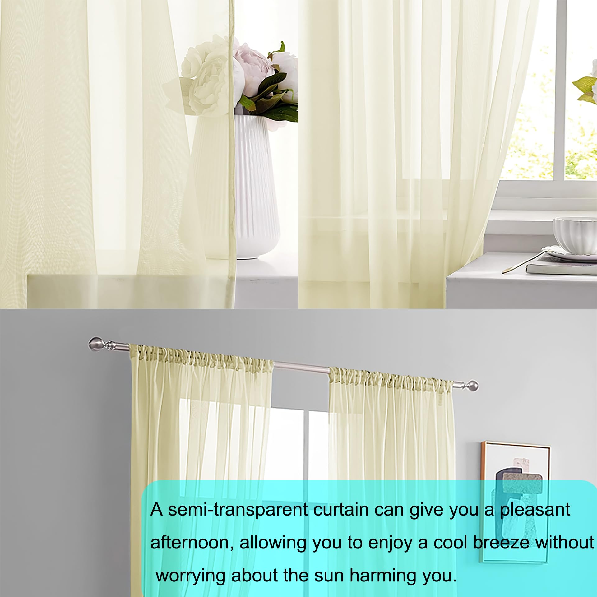 Rideaux Transparents 180 x 240 cm Filtrer Souple Couleur Pure Rideau Court Transparent Décoration Moderne Lavables pour Chambre Salon Salle à Manger Cour, Beige