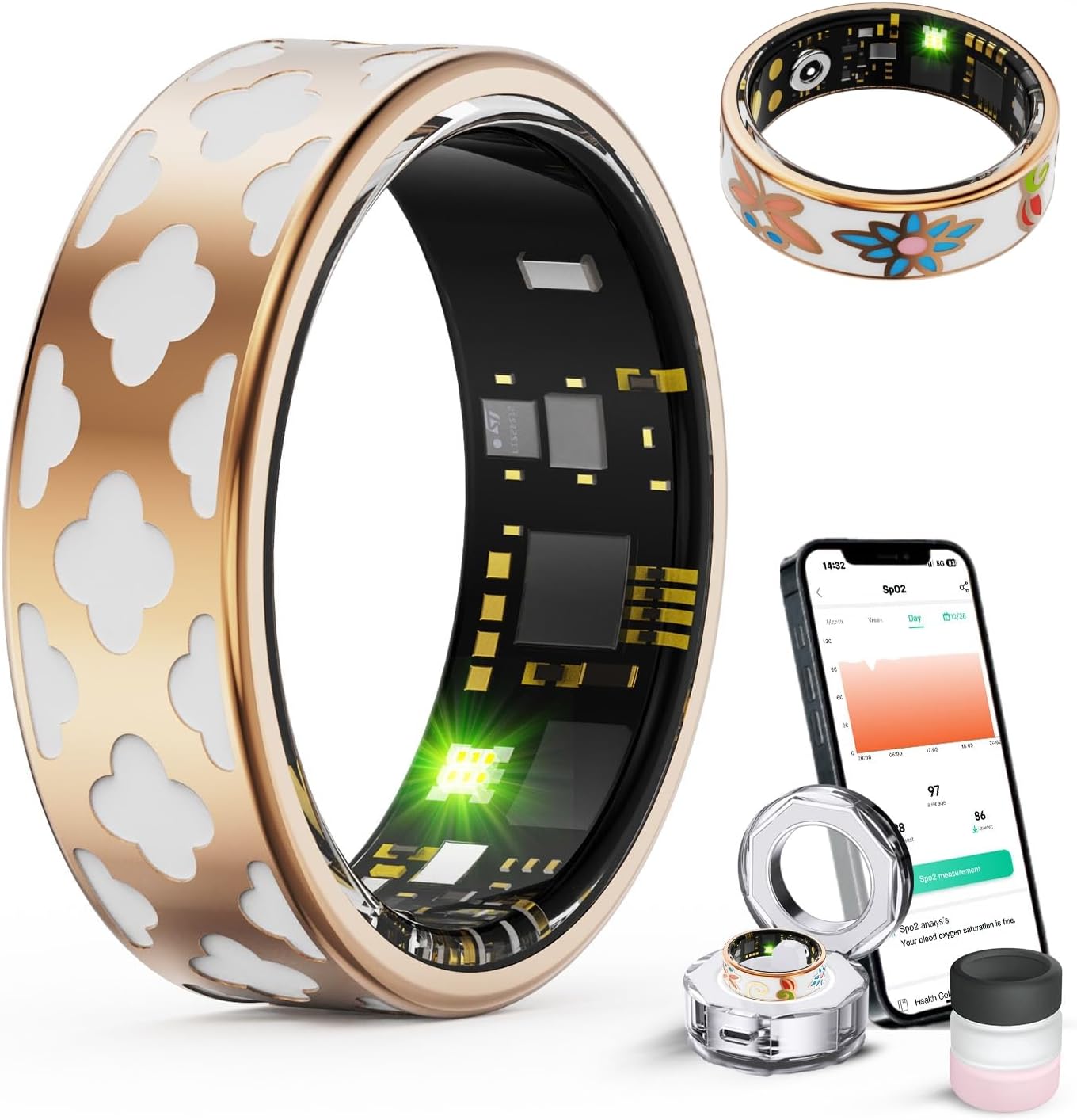 Smart Ring for Women Man, Health Fitness Tracker Ring, IP68 Waterproof Sleep Monitoring With Charging Case And Ring Protector, Remote Photography, No Subscription Fee for iPhone & Android (White, 10#)