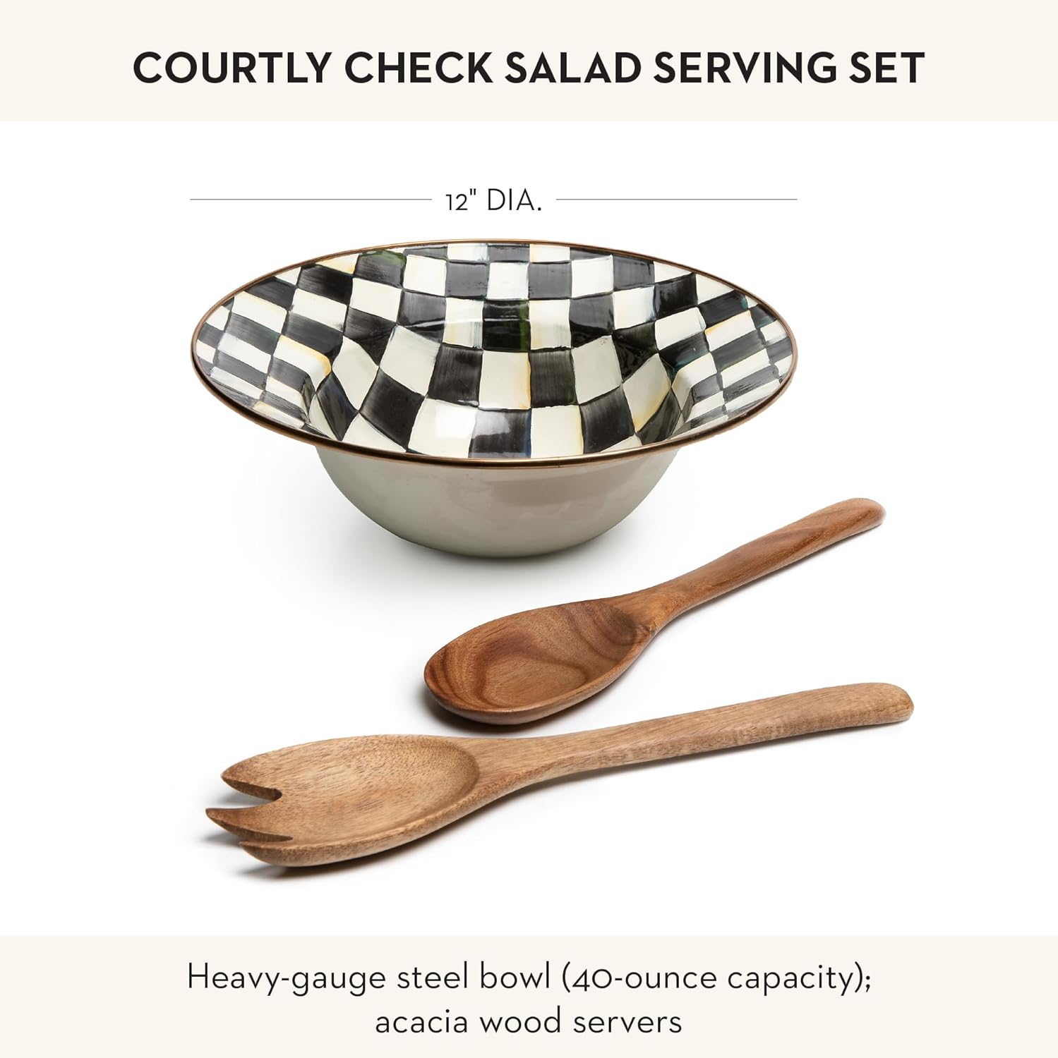 MACKENZIE-CHILDS Enamel Salad Serving Set, Enamel Bowl and Wooden Salad Servers, Decorative Kitchen Set, Black-and-White Courtly Check
