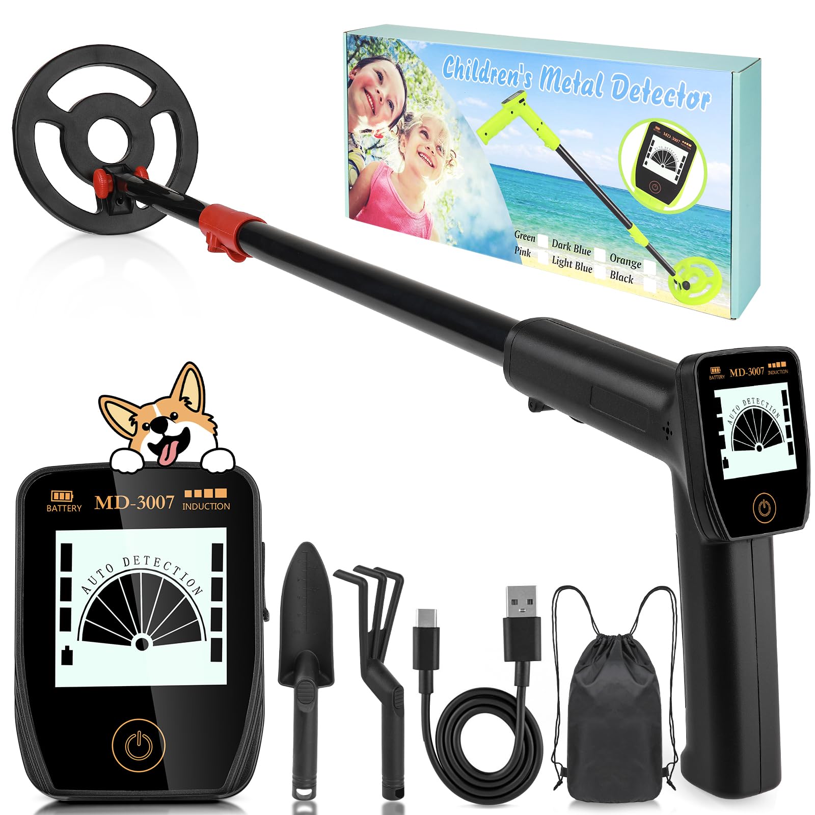 Metal Detector Kids - iTayga 2026 Rechargeable Kid Metal Detectors with 1800mAh Battery, Adjustable Height 24"-35", High Accuracy Coil Waterproof Gold Detector with LCD Display for Outdoor, Black