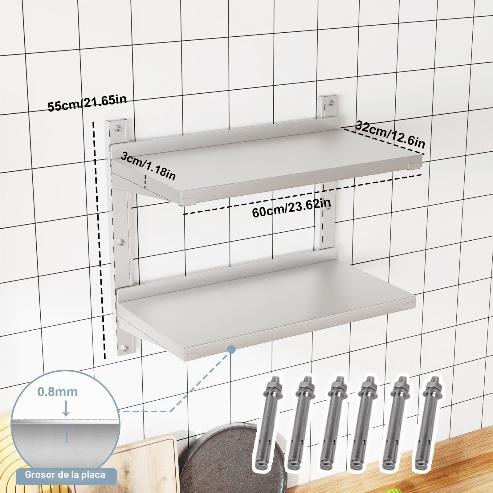 TAIMIKO Estante de Pared para Almacenamiento de Cocina, 2 bandejas, Elementos para Montaje en Pared, diseño Moderno, Acero Inoxidable, (Restaurante, Bar, casa, Cocina, lavadero, Garaje y lavandería)