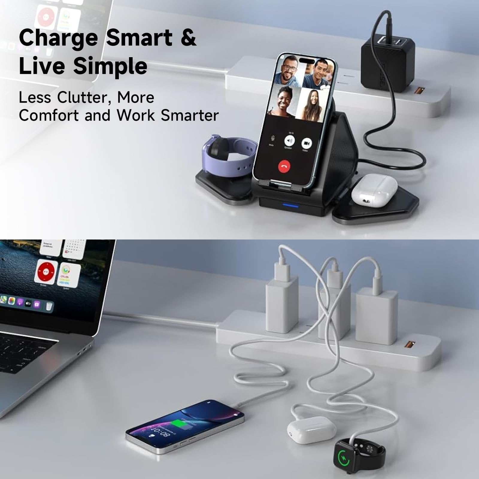Station de charge 3 en 1, support de chargeur sans fil Mag Safe, compatible Qi2, station de charge magnétique à plusieurs appareils 15 W pour iPhone 16, 15, 14, 13, 12, Apple Watch, AirPods (chargeur