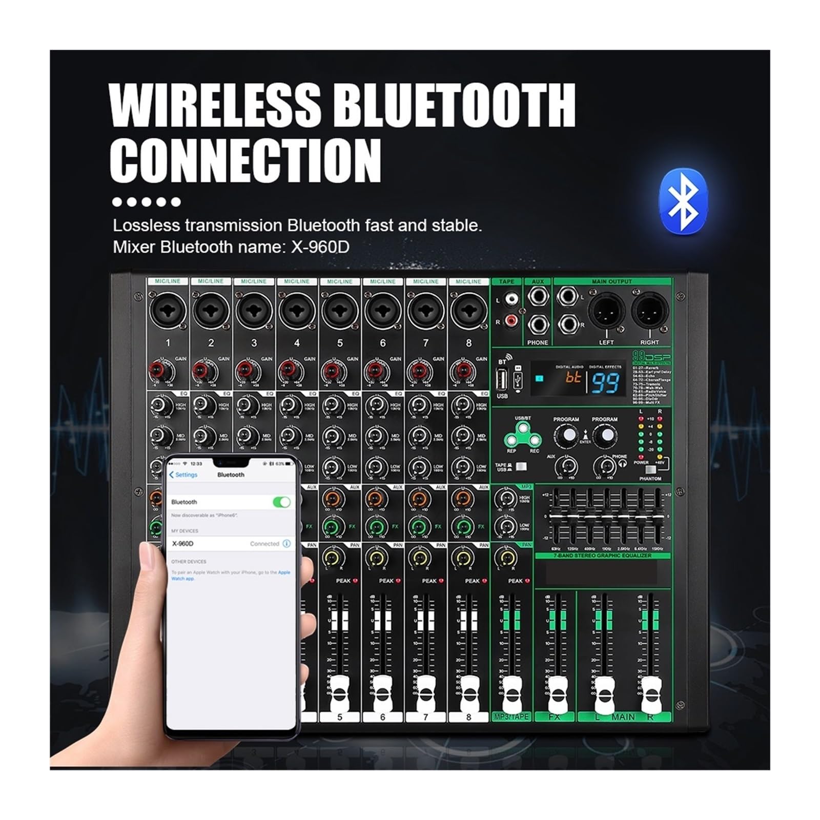 Audiomixer, 8 kanäle Audio Mixer Sound Tisch Professionelle DJ Mischpult 99 DSP Effekte 48V Phantom Power for Sta Studio für Studio-Karaoke