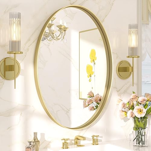 Miniatura 69 de TETOTE Espejo de 60 x 36 pulgadas para baño, espejo de tocador dorado de latón cepillado, espejo de pared grande rectangular con marco de metal Oro