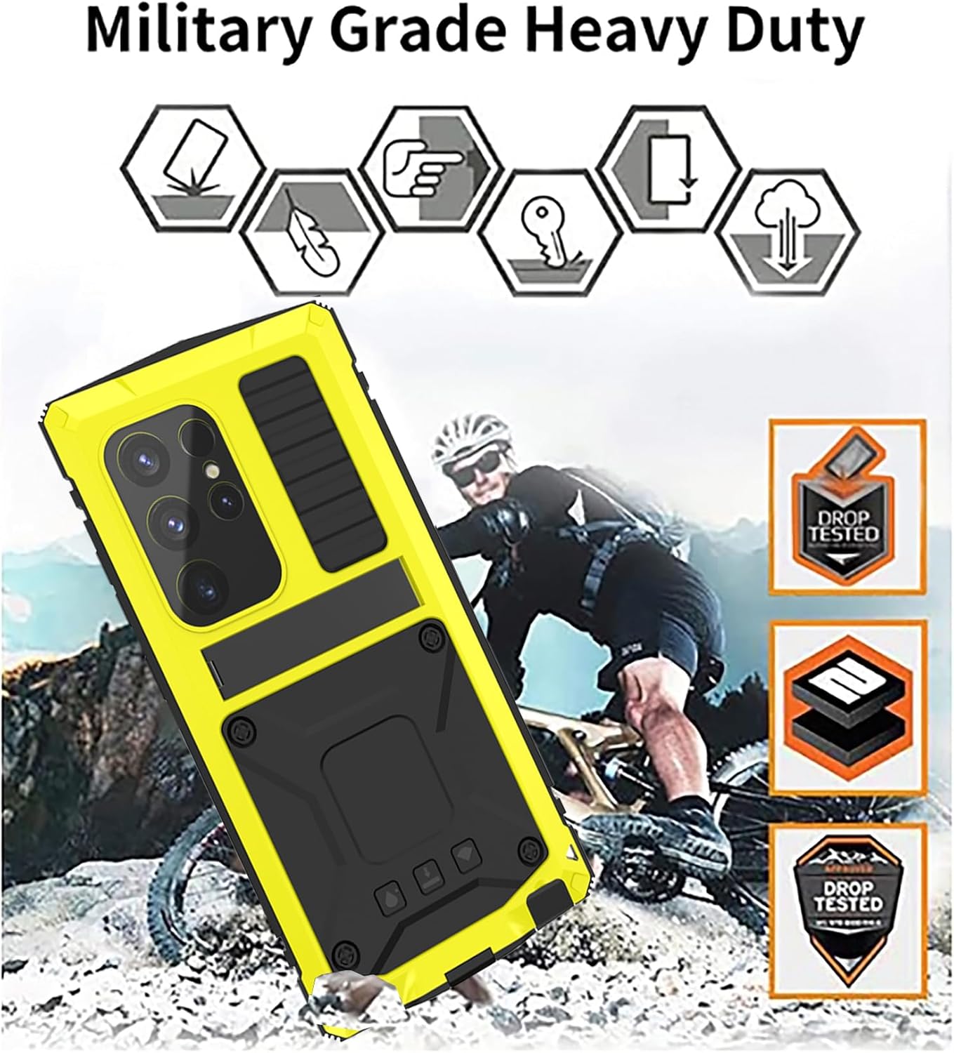 Compatible with Samsung Galaxy S25 Ultra Metal Bumper Case with Stand Screen Protector Camera Cover Hybrid Durable Metallic Military Dust Proof Heavy Duty Full Body Man (Yellow) - Image 8