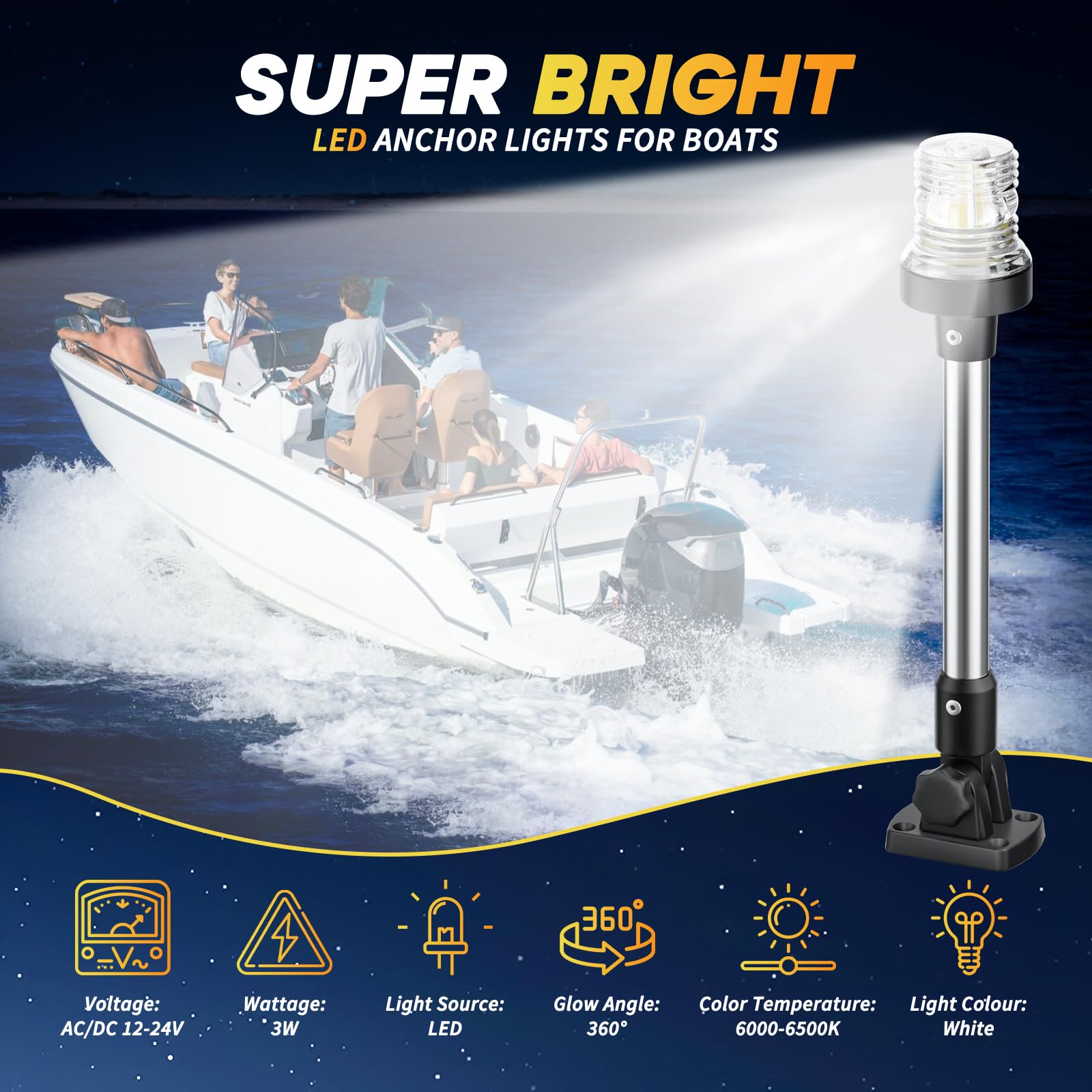 AMBIPASION 12 Inches Anchor Light Stern Light, White Navigation Lights for Boats LED Waterproof IP67, Fold Down Rear Boat Lights for Marine, Pontoon, Jon Boat, Small Boats (12-24V)