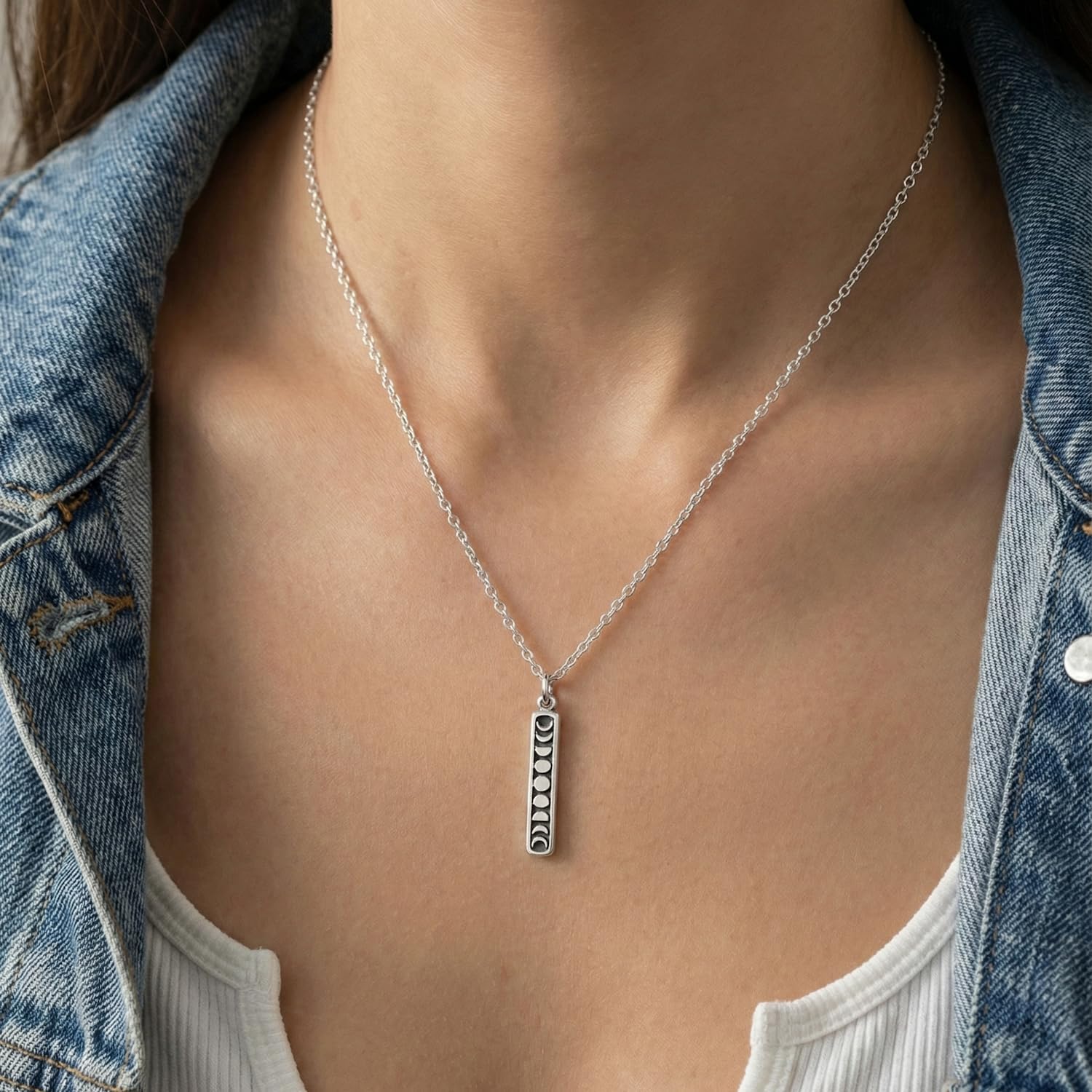 EnCharmed Moon Phase Bar Charm Necklace for Women, Sterling Silver Dainty Handmade Necklace, Celestial Lunar Vertical Pendant, Everyday Minimal Layering Jewelry, 18" - Image 2