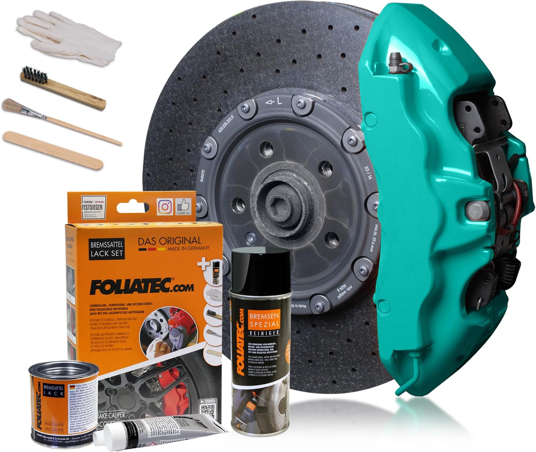 Foliatec Brake Caliper Paint Set, Heat Resistant, Complete Set for 4 Brake Calipers, Ocean Turquoise, 7 Piece Set